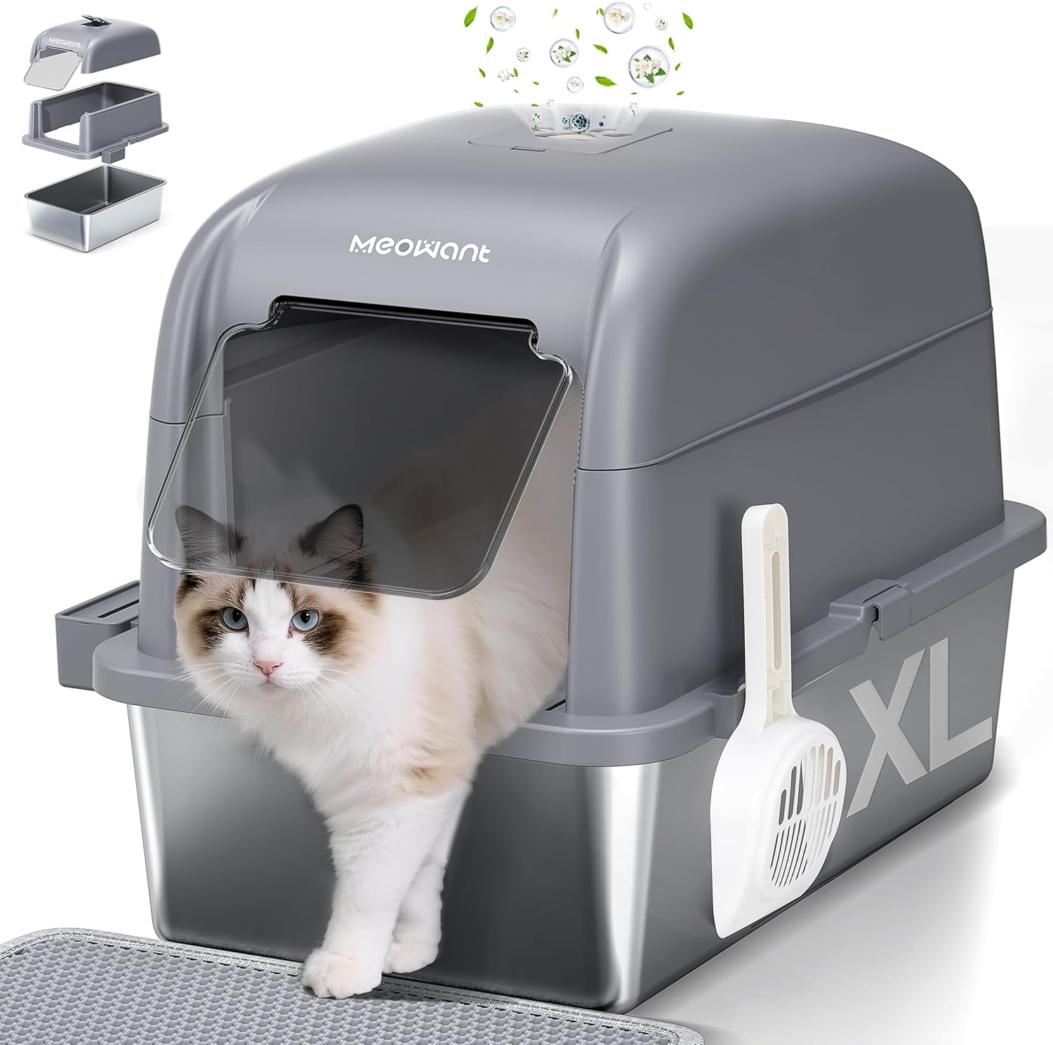 Detalle de MeoWant litière XXL fermée en acier inoxydable (forme en U) avec bac amovible, pédale, pelle et tapis antidérapants