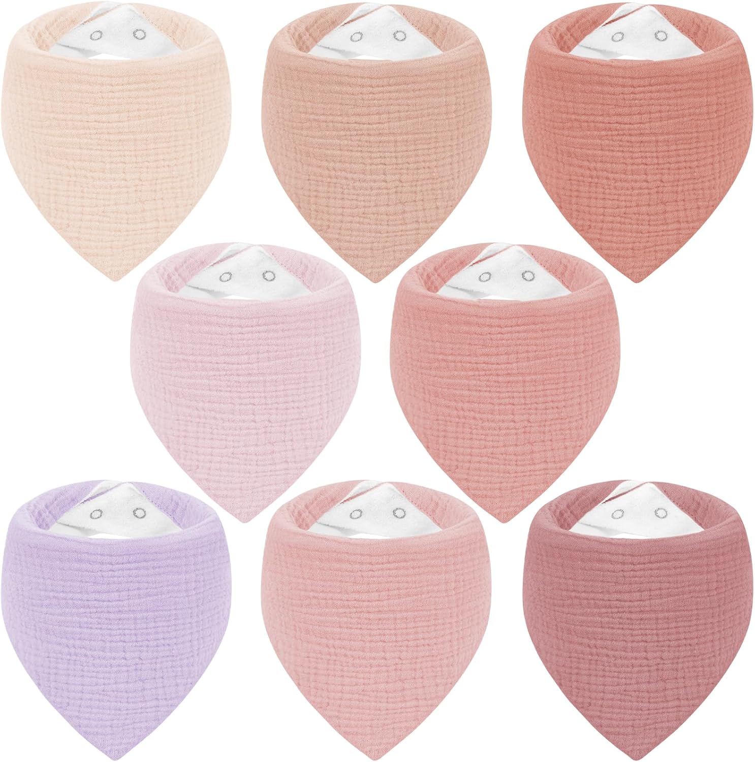Detalle de Yukkidds Muslin Bibs 8 Pack Bandana Dribble Bibs – 100% Cotton, Adjustable Snaps, Teething Friendly (0–36 Months) Purple & Pink