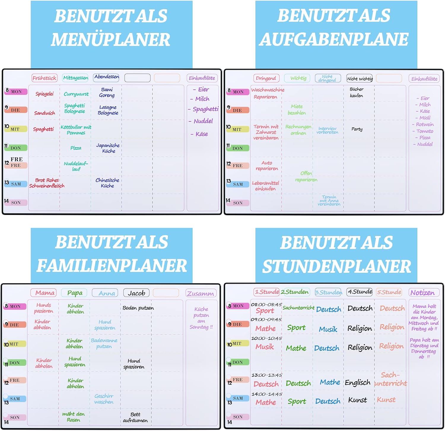 Detalle 2 de POPRUN Whiteboard Magnetisch – 4er-Set Familienplaner inkl. Wochen-, Monats-, Tagesplaner und To-Do-Liste