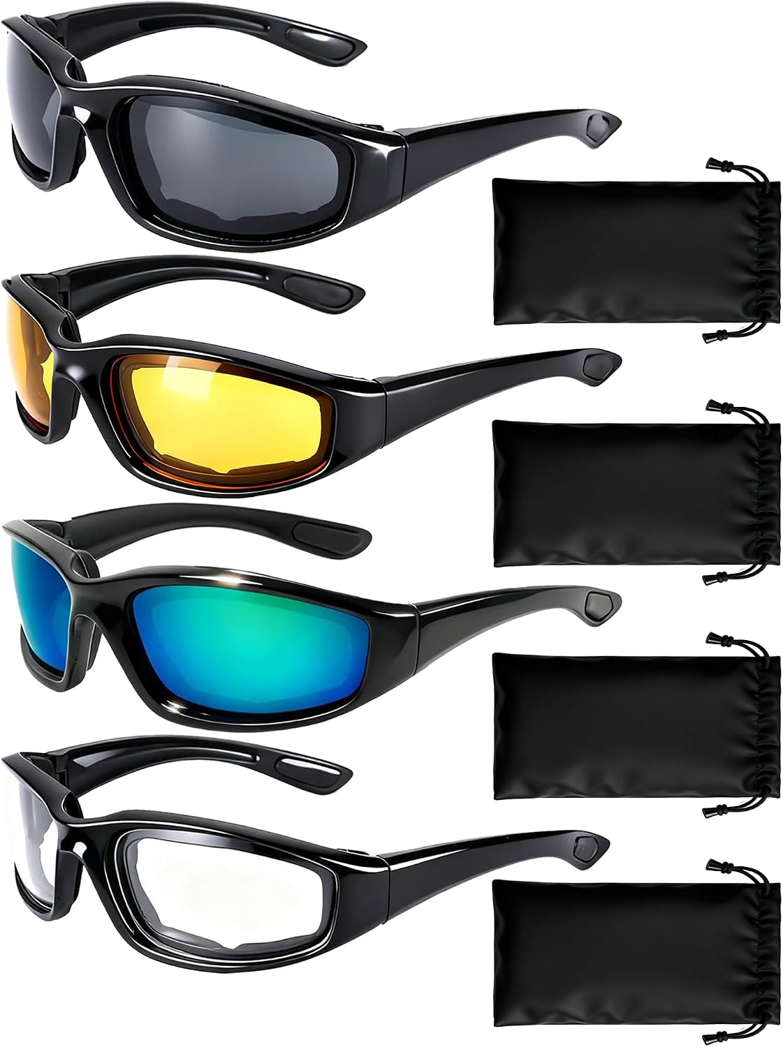 Detalle de YISUGOOC 4 Pair Motorcycle Glasses Riding Glasses with UV Protection, Windproof & Dustproof – 4 Lenses (Yellow, Gray, Blue, Clear)