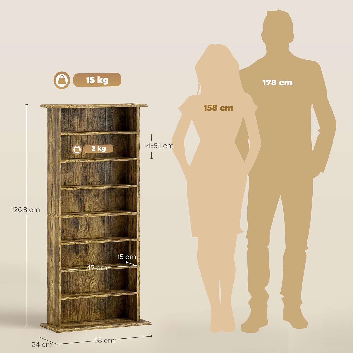 Thumbnail 6 de HOMCOM 836-603V00RB CD and DVD Storage Unit, Rustic Brown, 6 Adjustable Shelves