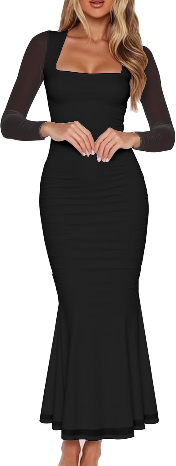 Detalle de BORIFLORS BF900 Women's Ruched Bodycon Maxi Dress, Square Neck Mesh