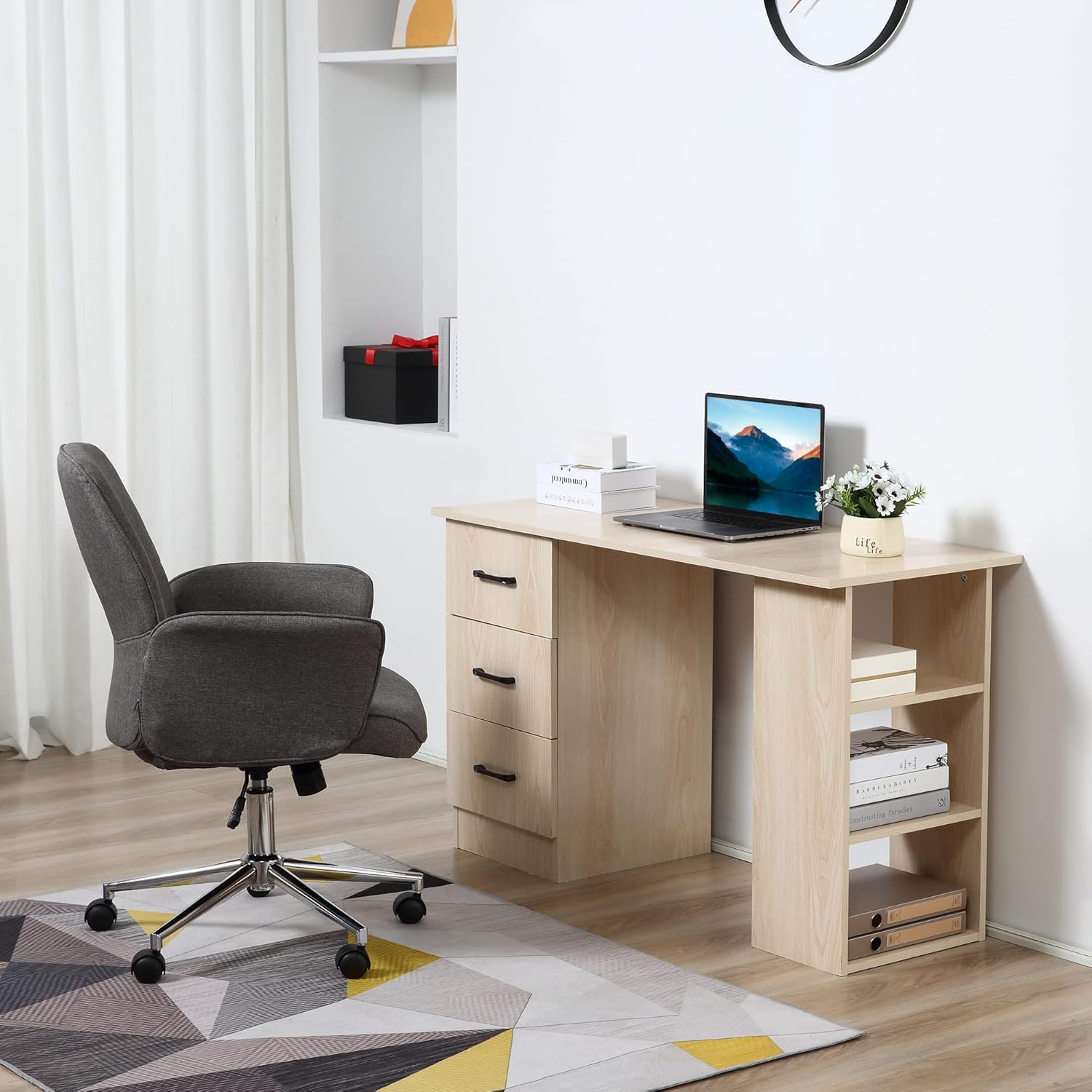 Thumbnail 5 de HOMCOM Bureau d'ordinateur 120x49x72 cm avec 3 tiroirs et 3 étagères – rangement réversible en MDF bois naturel