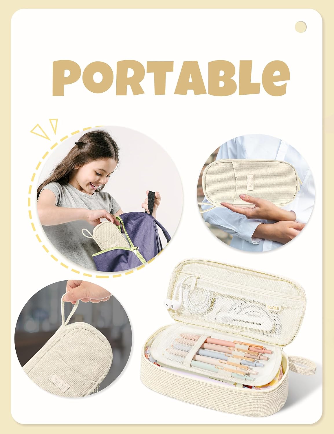 Thumbnail 6 de SUNEE Cute Pencil Case, Large Soft Corduroy Pouch, Warm Beige with Zipper