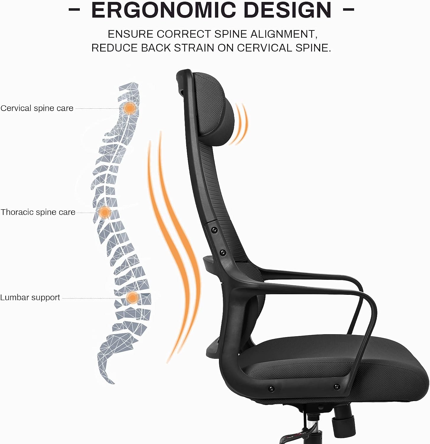 Detalle 2 de MELOKEA Schreibtischstuhl: Ergonomischer Bürostuhl mit verstellbarer Lordosenstütze, Kopfstütze und Hoher Rückenschonung – Schwarz