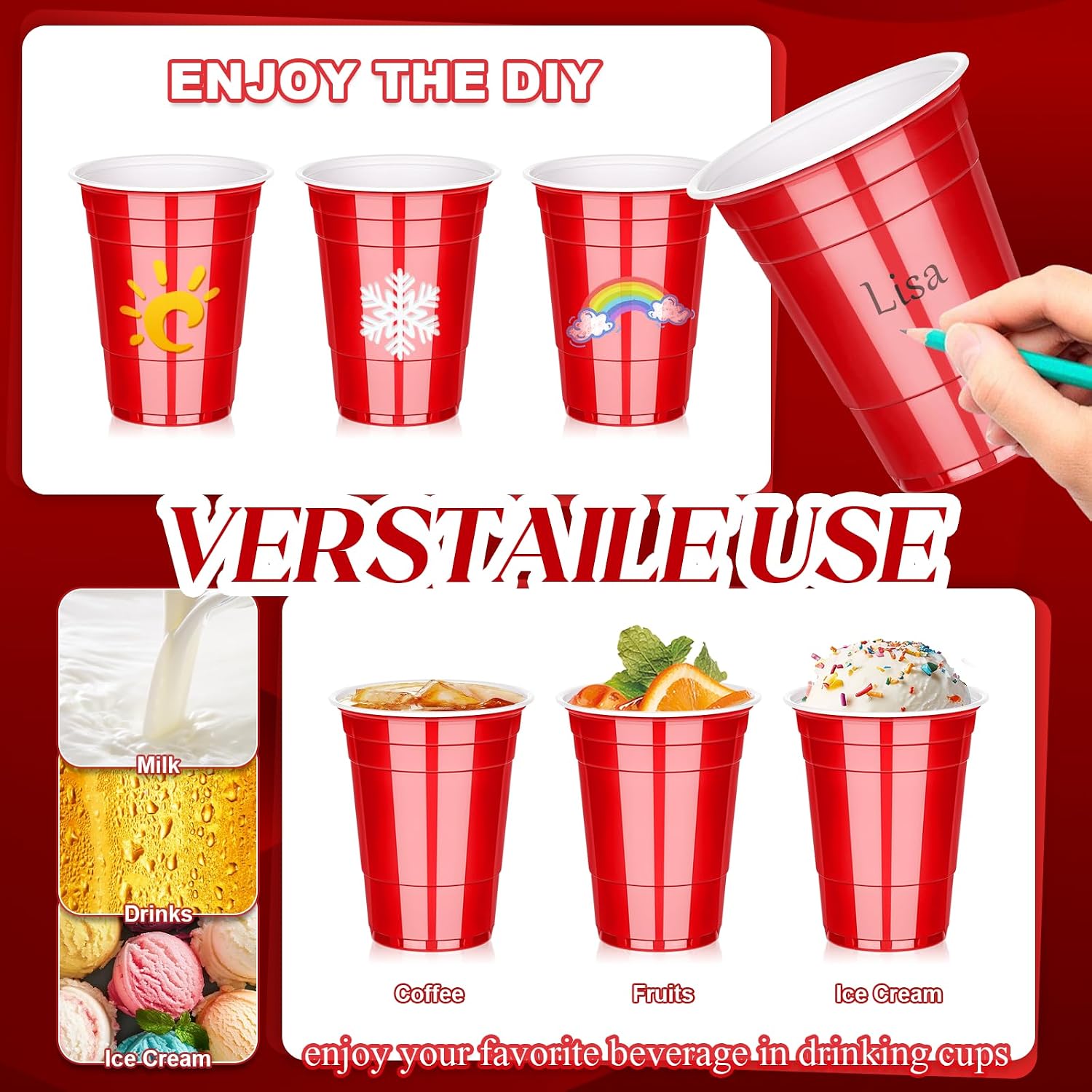 Detalle 1 de DI QIU REN DQR-CA-28 16 oz Red Plastic Party Cups, Stackable, 100 Count