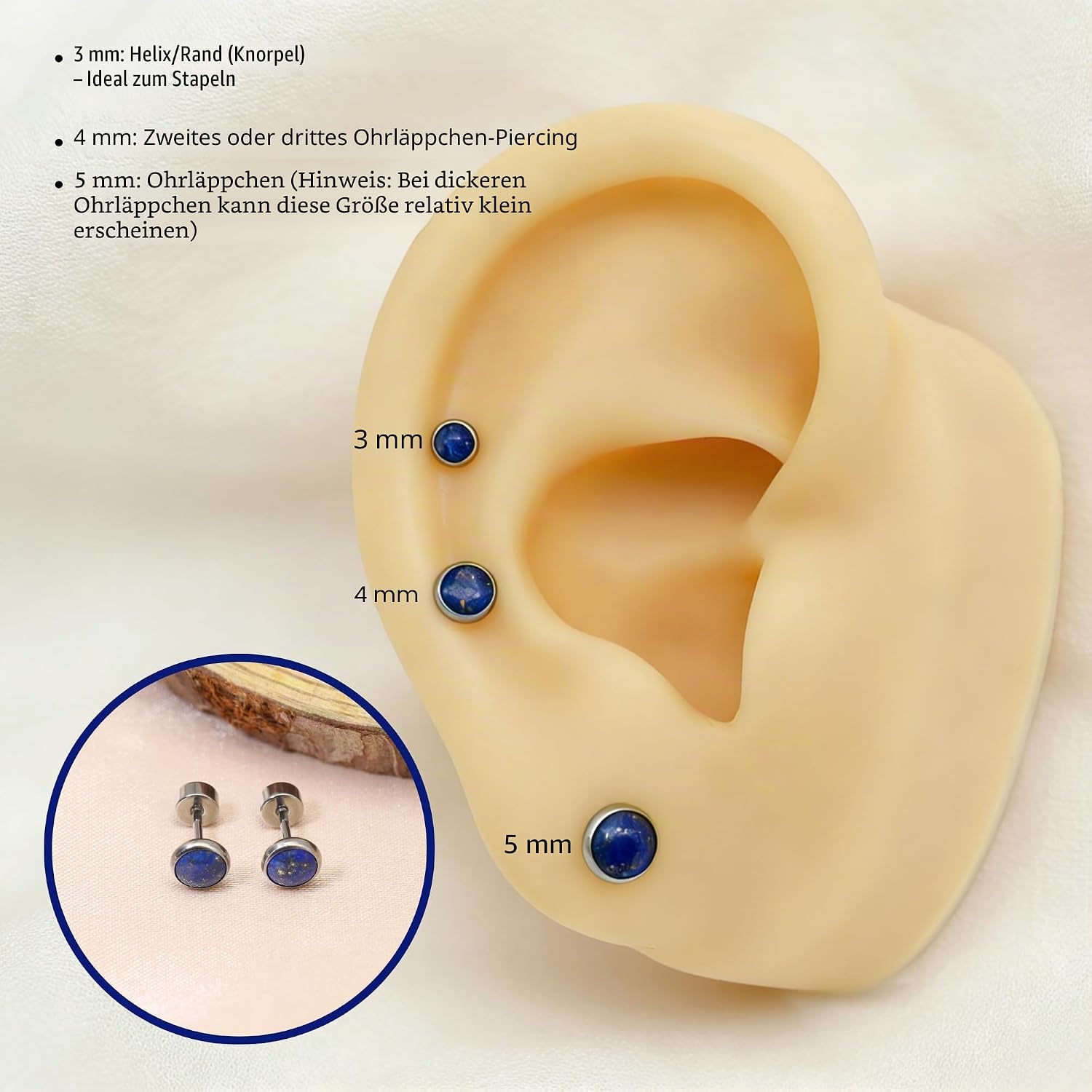 Detalle de FACOKO hypoallergene Ohrstecker aus Titan und Naturstein – flache Rückseite, 3–5 mm