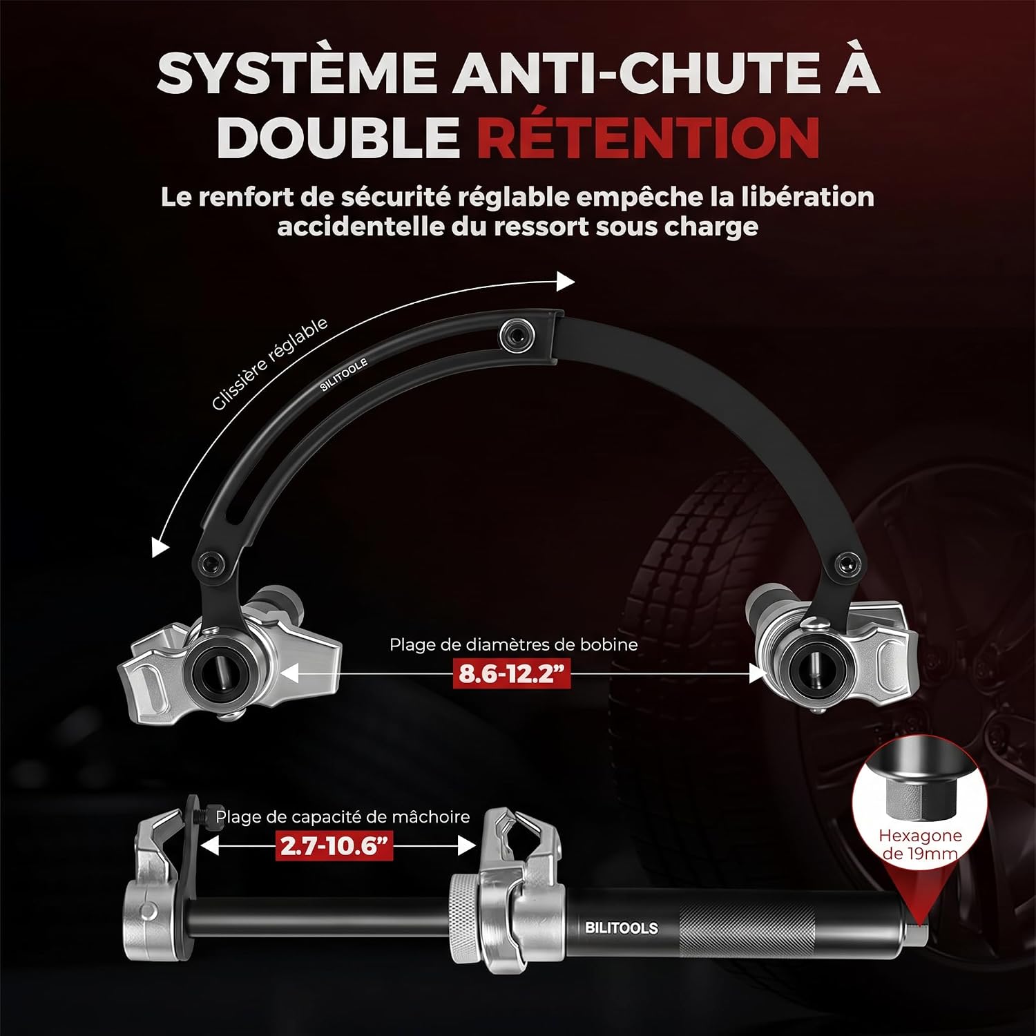 Detalle 2 de BILITOOLS Lot de 2 Compresseurs de Ressort Amortisseur Professionnel pour Macpherson – Outil Auto Robuste Charge 1200kg