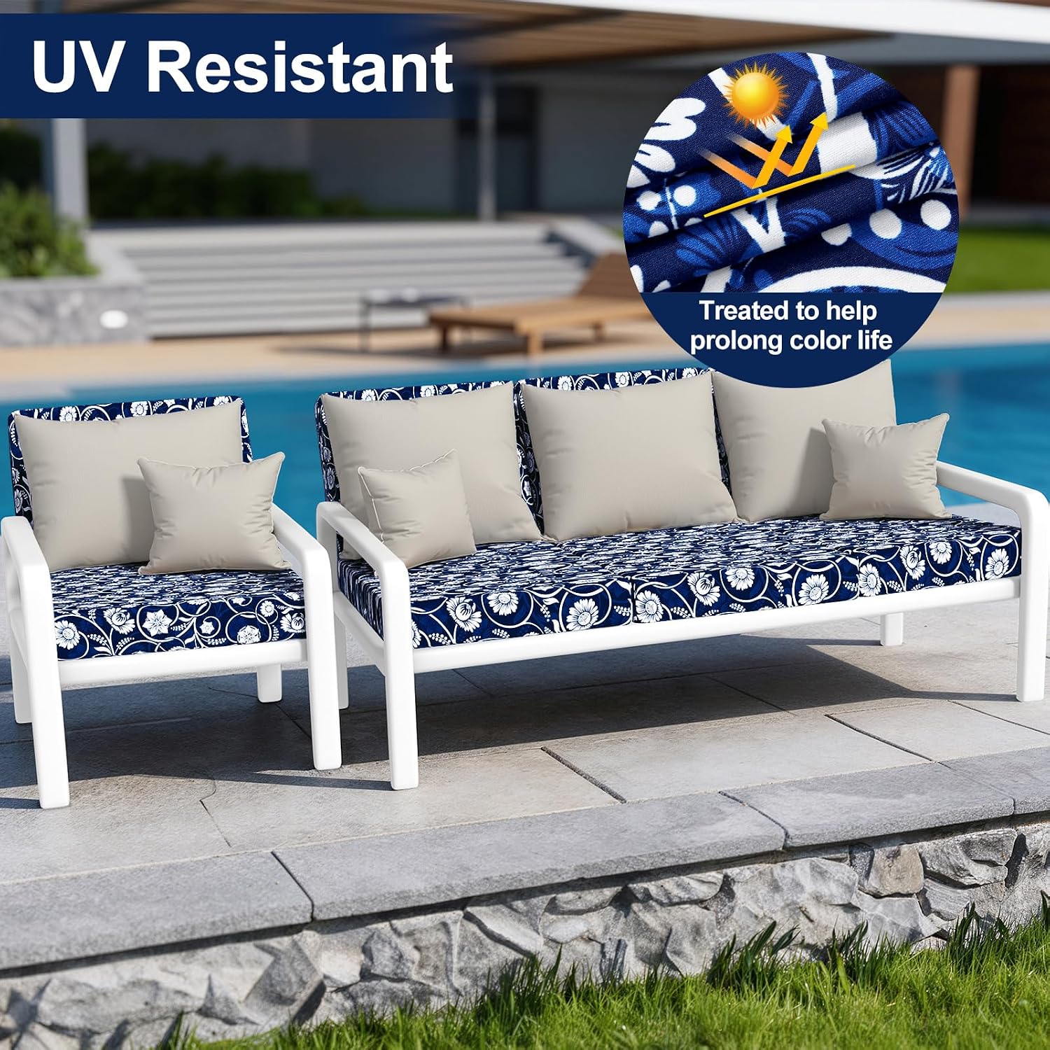 Detalle de Smiry HWZDT004 Stretch Patio Cushion Covers, Navy Floral, Waterproof, 4-Piece