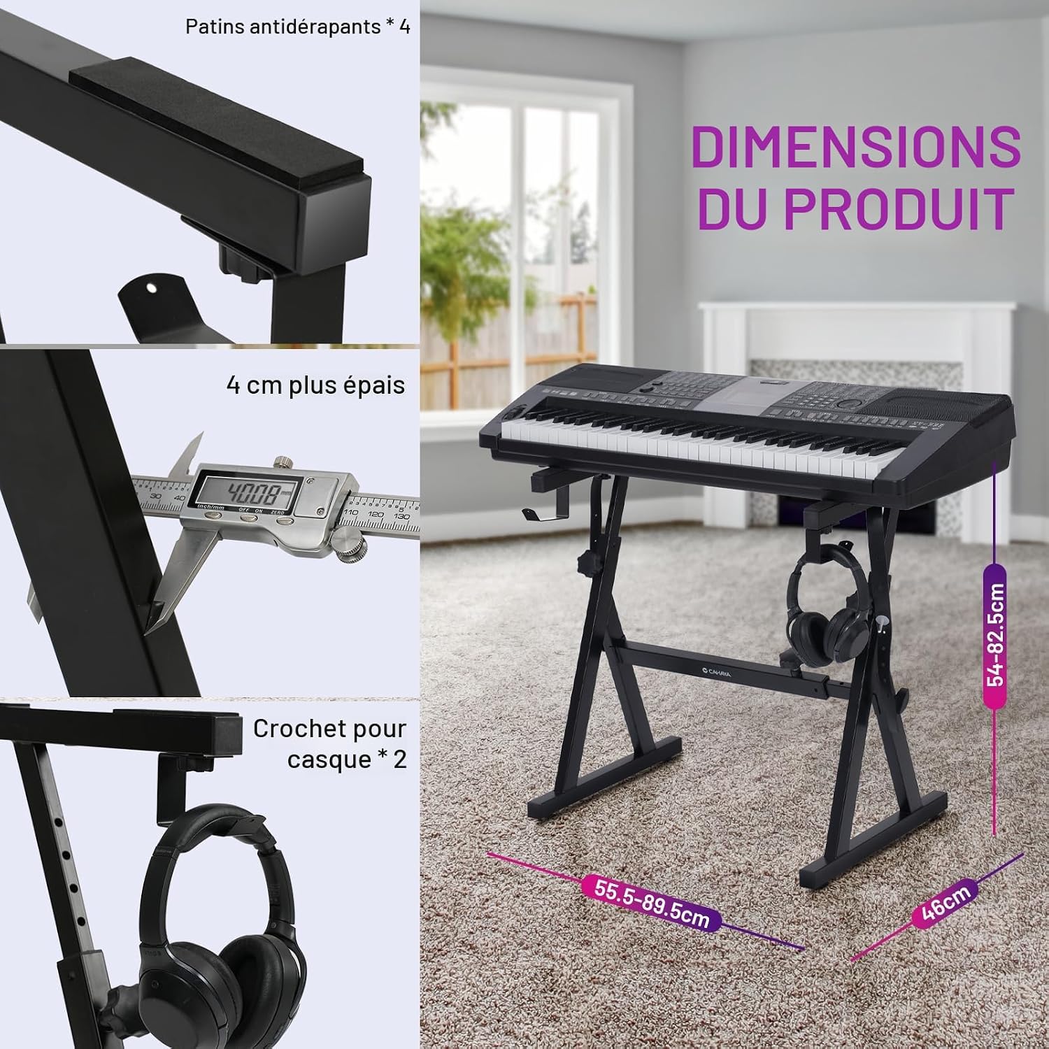 Detalle 2 de CAHAYA Support Clavier Piano en Z – robuste et adjustable jusqu’à 113 kg, 55,5–89,5 cm