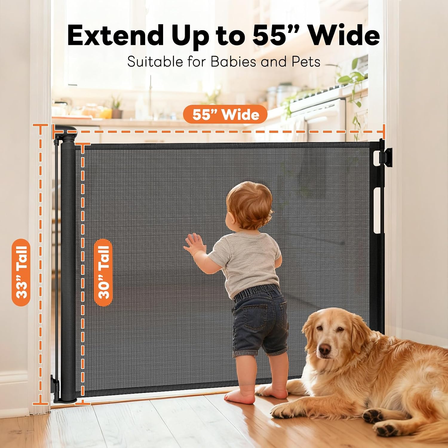 Detalle de peluasua peluasua1 Retractable Baby Gate, 55-Inch Mesh, No Bottom Rail