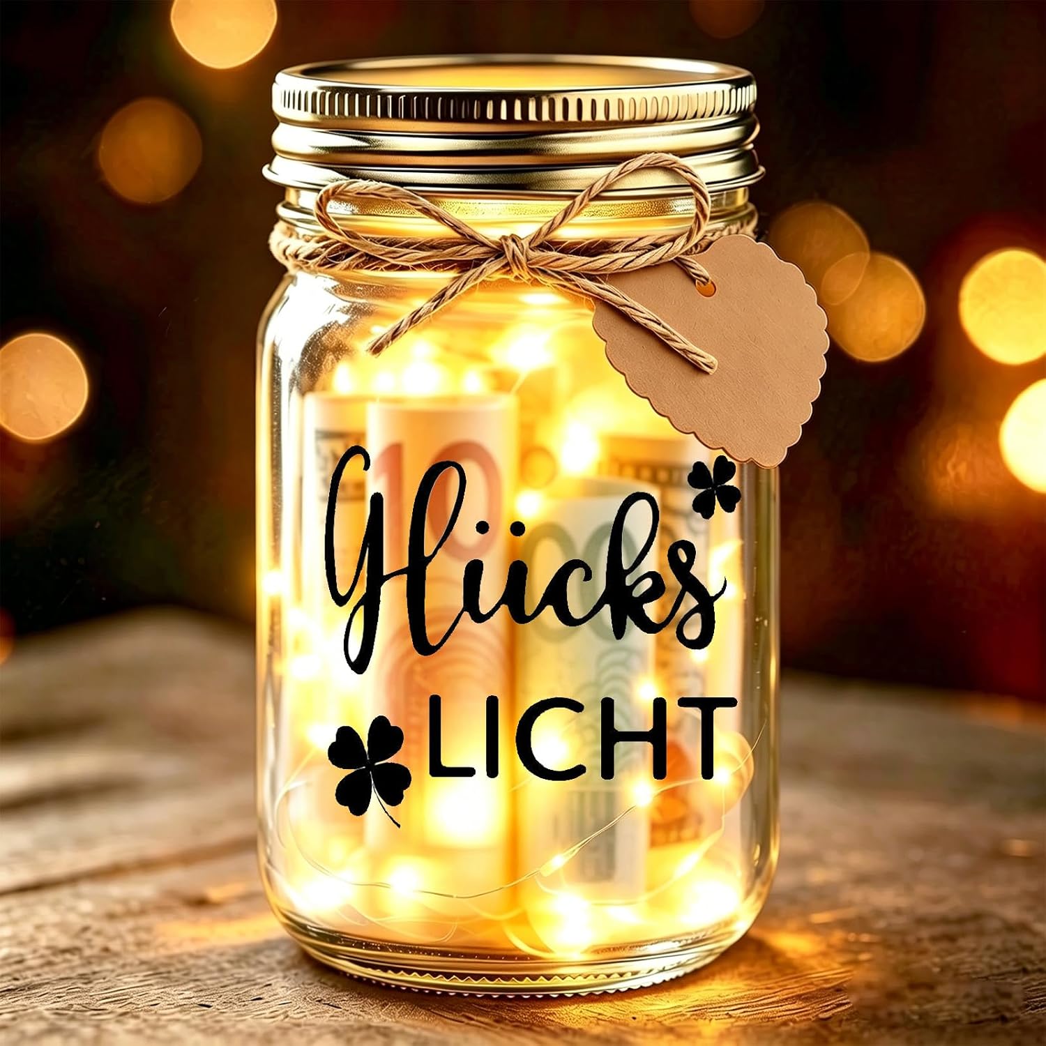 Johiux Glückslicht LED-Flaschenlicht mit „Glück zurück“ für Geldgeschenke