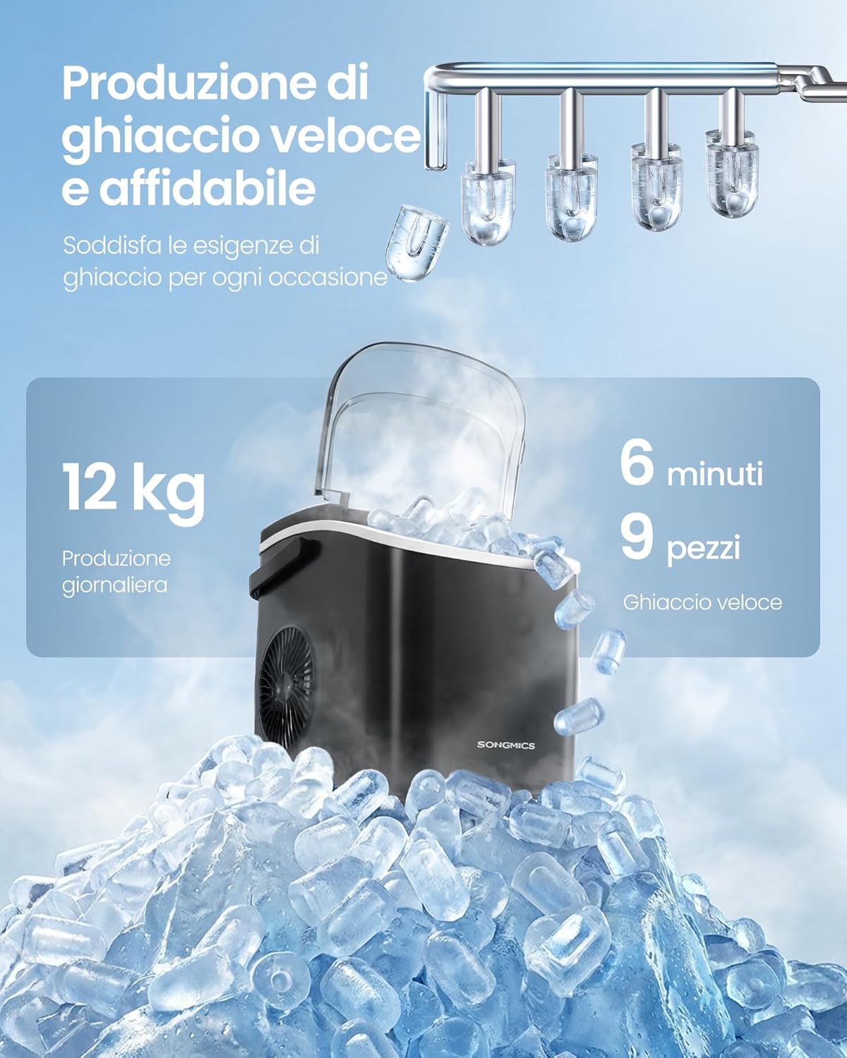 Detalle de SONGMICS Macchina Ghiaccio XZB001B1EU: compatta, silenziosa e autopulente per casa, ufficio e feste
