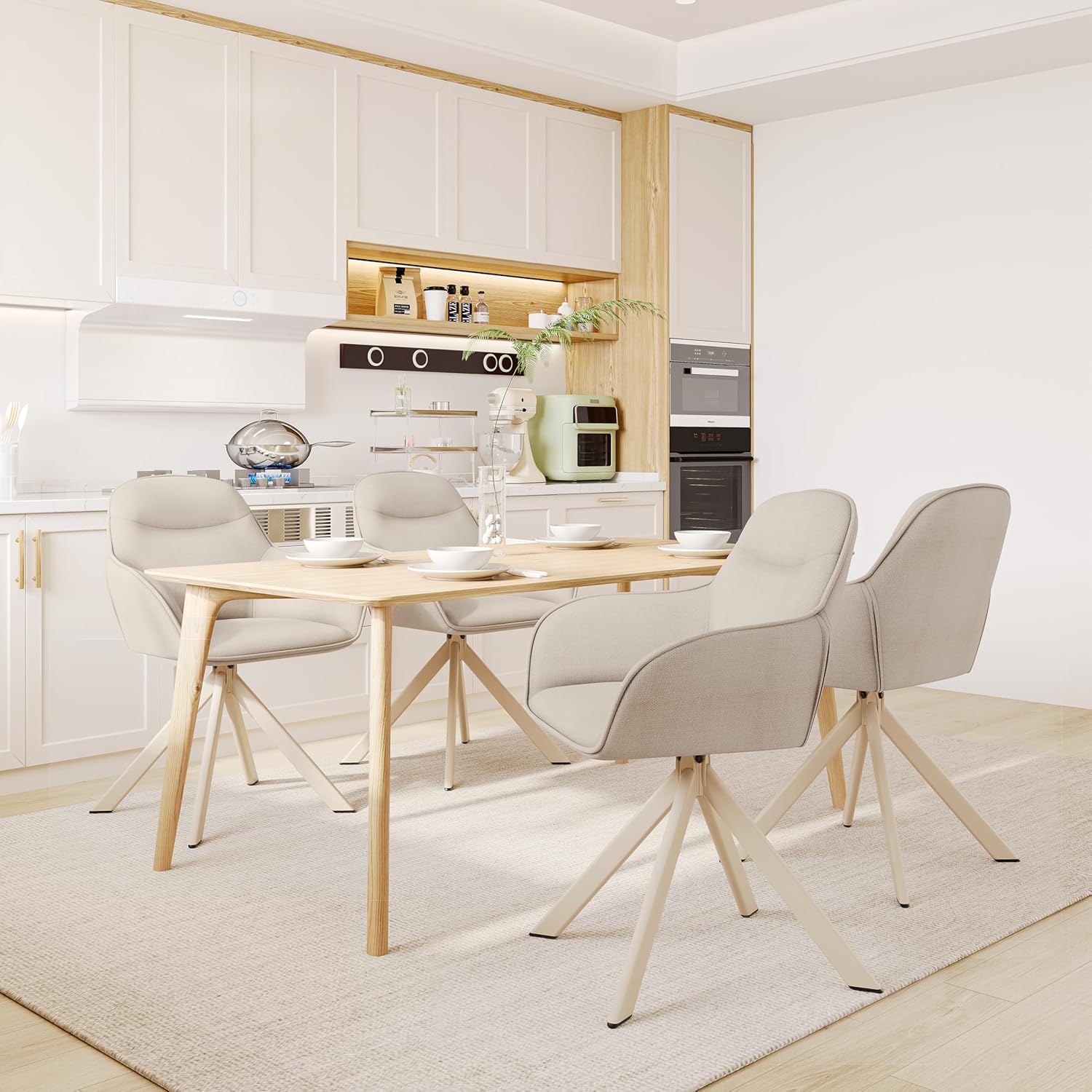 Detalle de Goeurvant Sedia da pranzo beige con bracciolo – set da 6 sedie girevoli, imbottite in poliestere