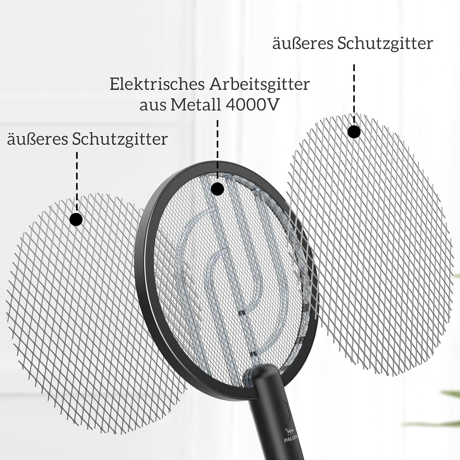 Detalle de PALONE Elektrische Fliegenklatsche 4000V – Wiederaufladbar, 2‑in‑1 Insektenvernichter mit UV-Lampe