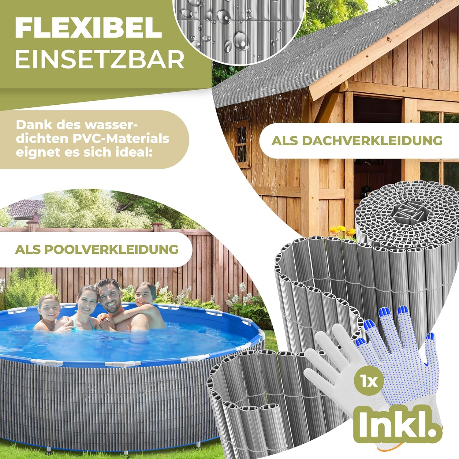 Thumbnail 4 de KESSER® PVC Sichtschutzmatte Sichtschutzzaun 80x300 cm für Balkon & Terrasse (inkl. Kabelbindern, Abdeckung & Handschuhe) – hellgrau
