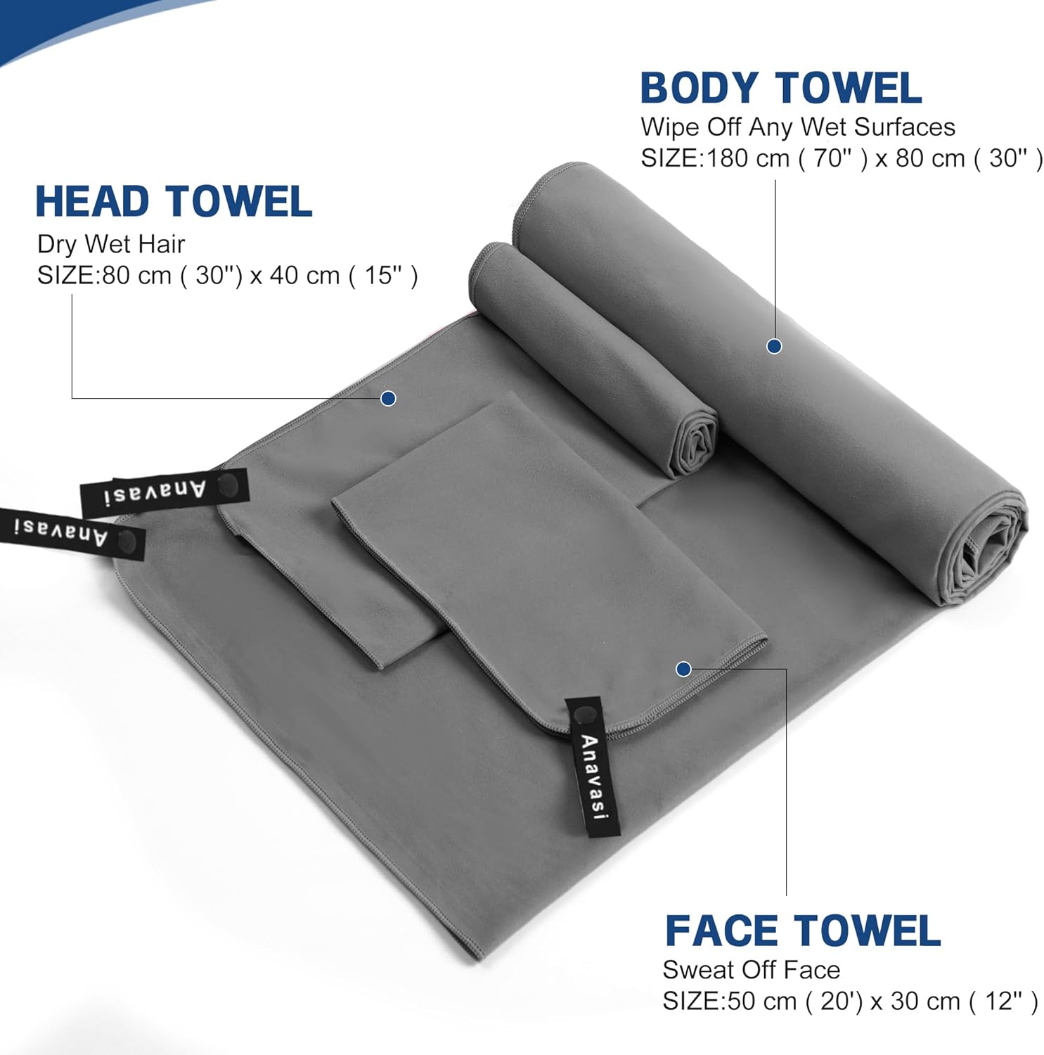 Thumbnail 1 de Anavasi 6 PCS Microfibre Towels for Adults – Lightweight, Quick-Dry Gym & Travel Towel Set (Dark Blue & Dark Grey)
