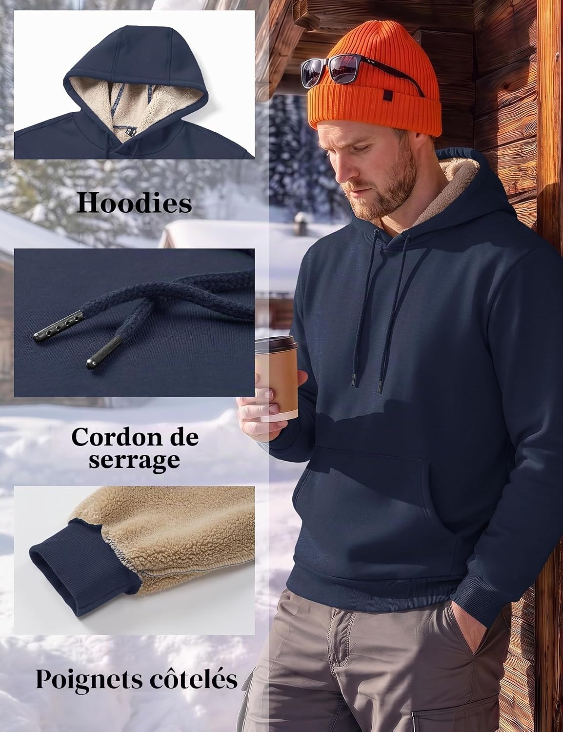 Detalle de KEFITEVD fleecehoodie voor heren met warme voering en kangoeroezak
