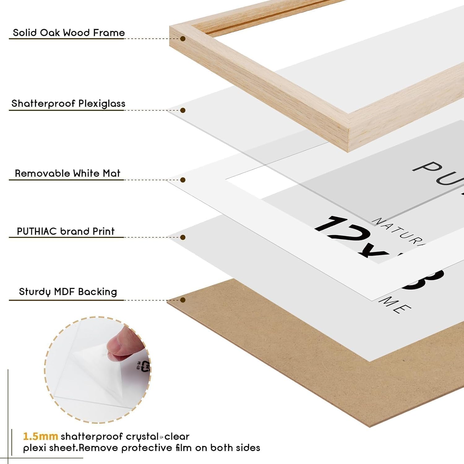 Detalle de puthiac 12x18 Solid Oak Wood Picture Frame (8x12 with Mat / 12x18 without Mat) – Wall Display