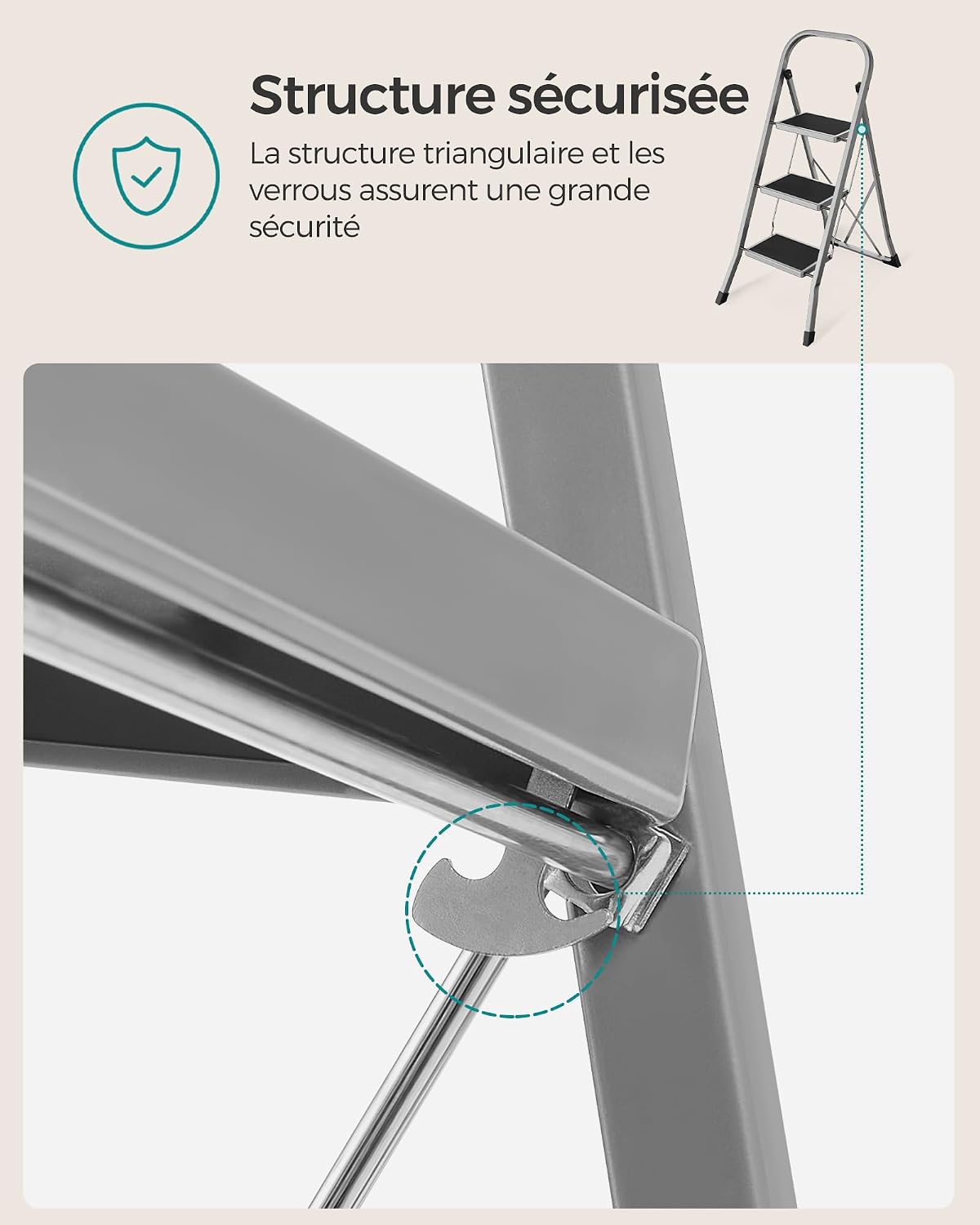 Detalle de SONGMICS Marchepied 3 Marches Pliable GSL003GY01 – Escabeau robuste et compact, gris tourterelle