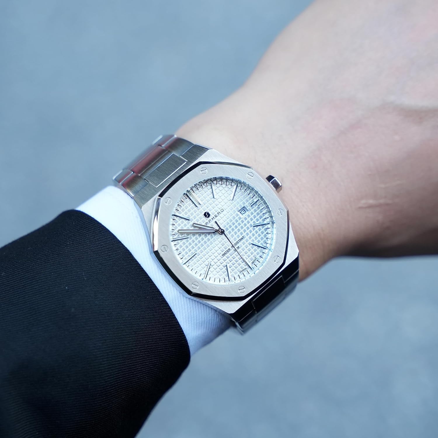 Detalle de SAPPHERO Montre homme octogonale à cadran damier, boîtier et bracelet en acier, quartz japonais