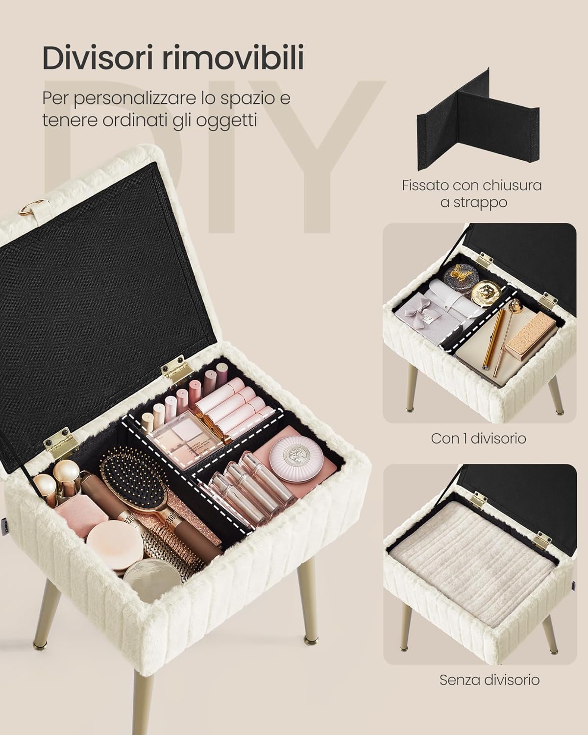 Detalle de SONGMICS Sgabello da Trucco LOM505WZ02 – Pouf contenitore bianco crema, robusto e versatile 30x40x50 cm