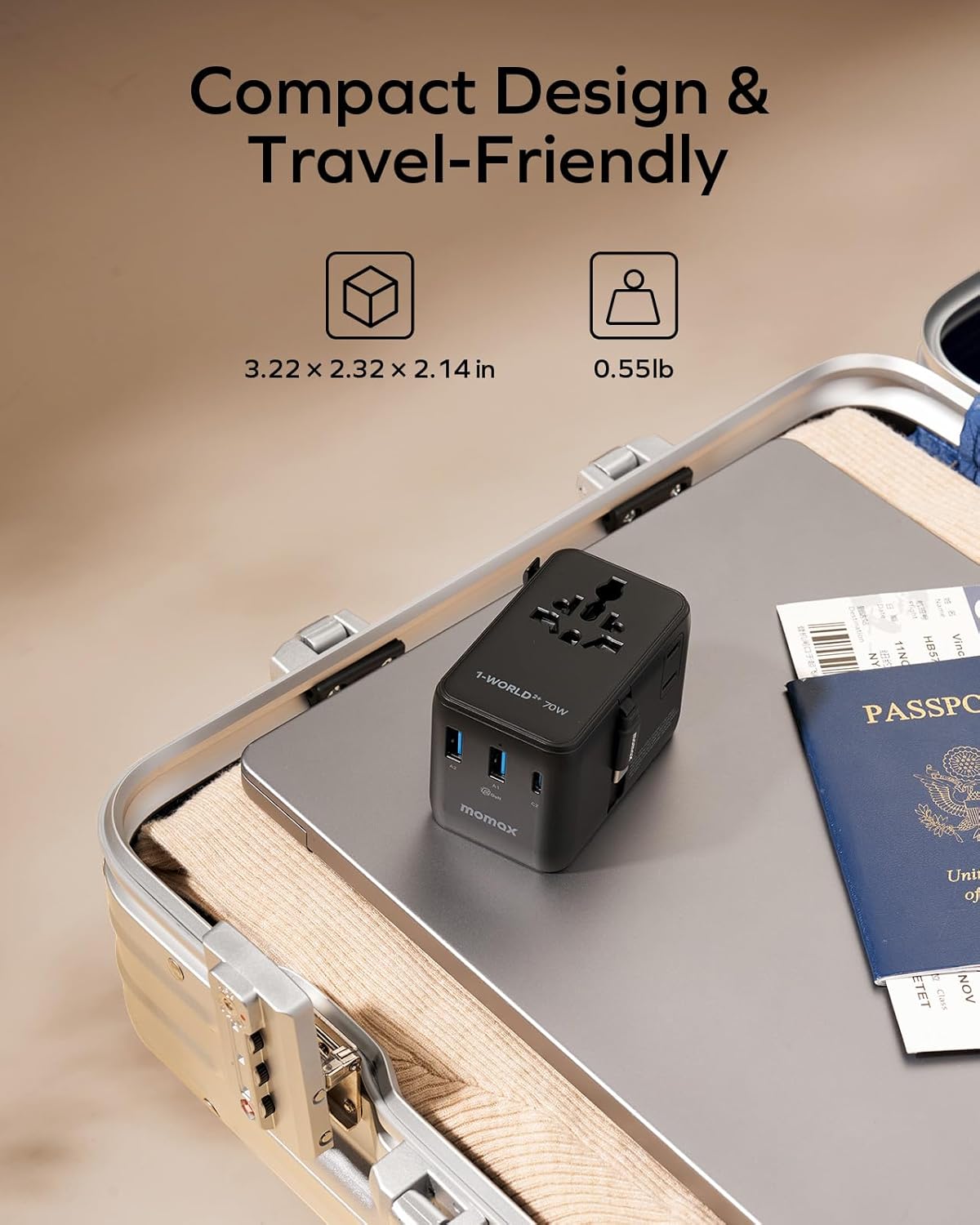 Thumbnail 5 de Momax Universal Travel Adapter with Cable — 70W GaN, 200+ Countries, 4 Plug Types, 2 USB-C & 2 USB-A