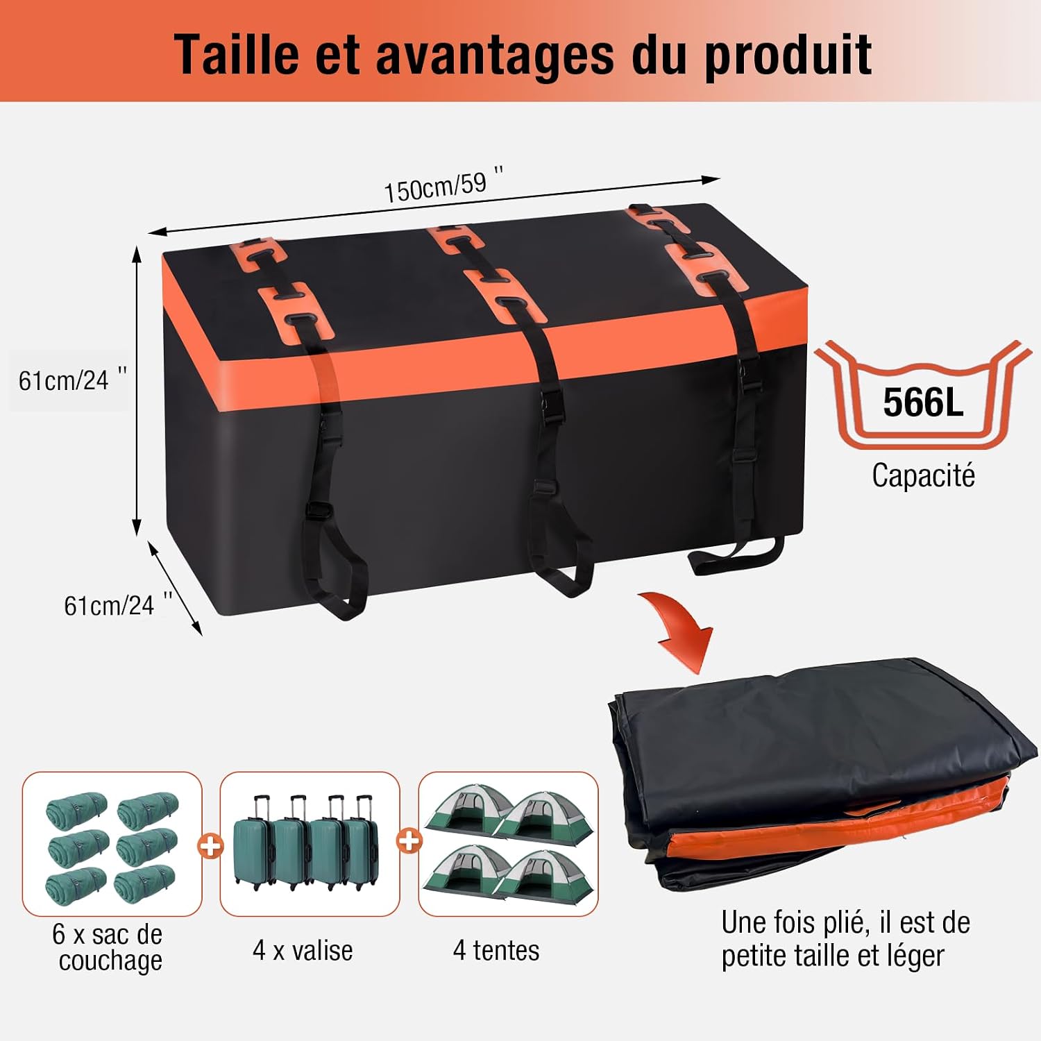 Thumbnail 2 de SUNORCHID coffre d’attelage pour porte-bagages de remorque, 566 l, revêtement 600D, étanche et pliable