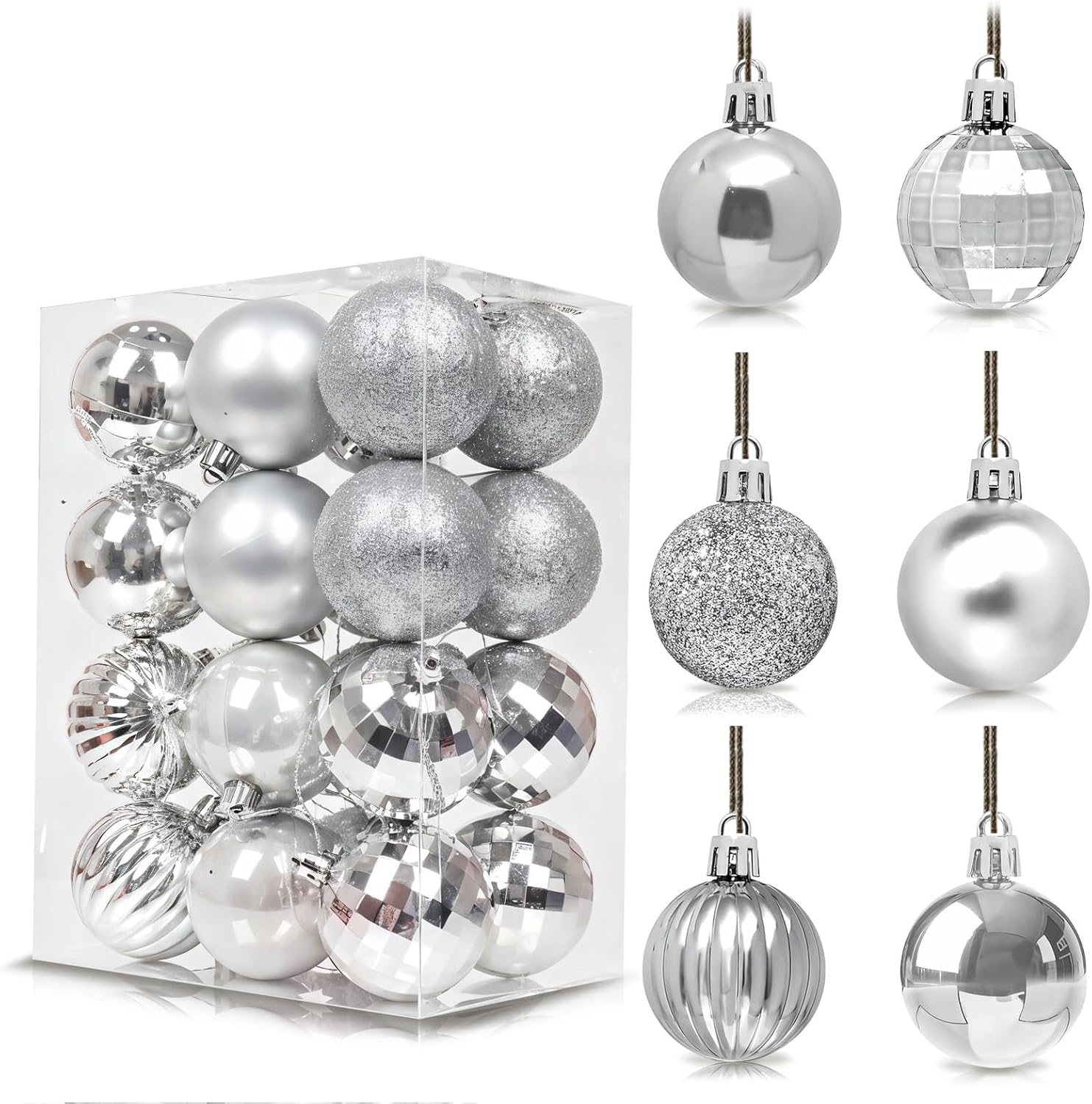 Detalle de 24Pcs Silvery Baubles for Christmas Tree, 6cm Shatterproof Plastic Ornaments – 24-Piece Set