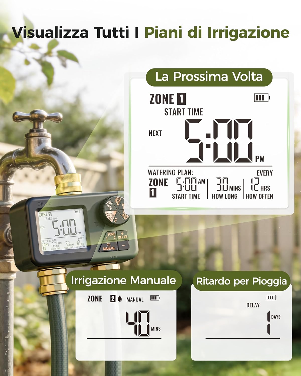 Thumbnail 3 de Diivoo Ottone Timer Irrigazione: Centralina a 2 Vie IP66 con Ritardo Pioggia e Controllo Manuale