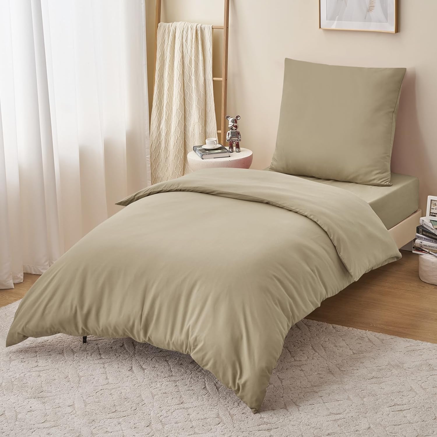 Thumbnail 1 de RUIKASI Housse de couette 140x200 cm kaki en microfibre avec fermeture éclair (parure 1 personne + taie 65x65 cm)