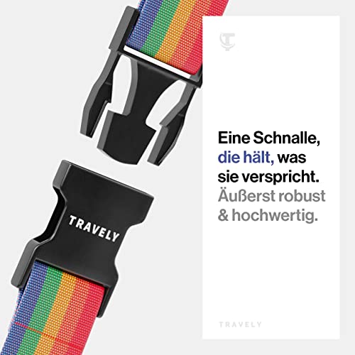 Detalle de Travely Premium Koffergurt – Regenbogen-Set, 2er Pack mit Namensschildern