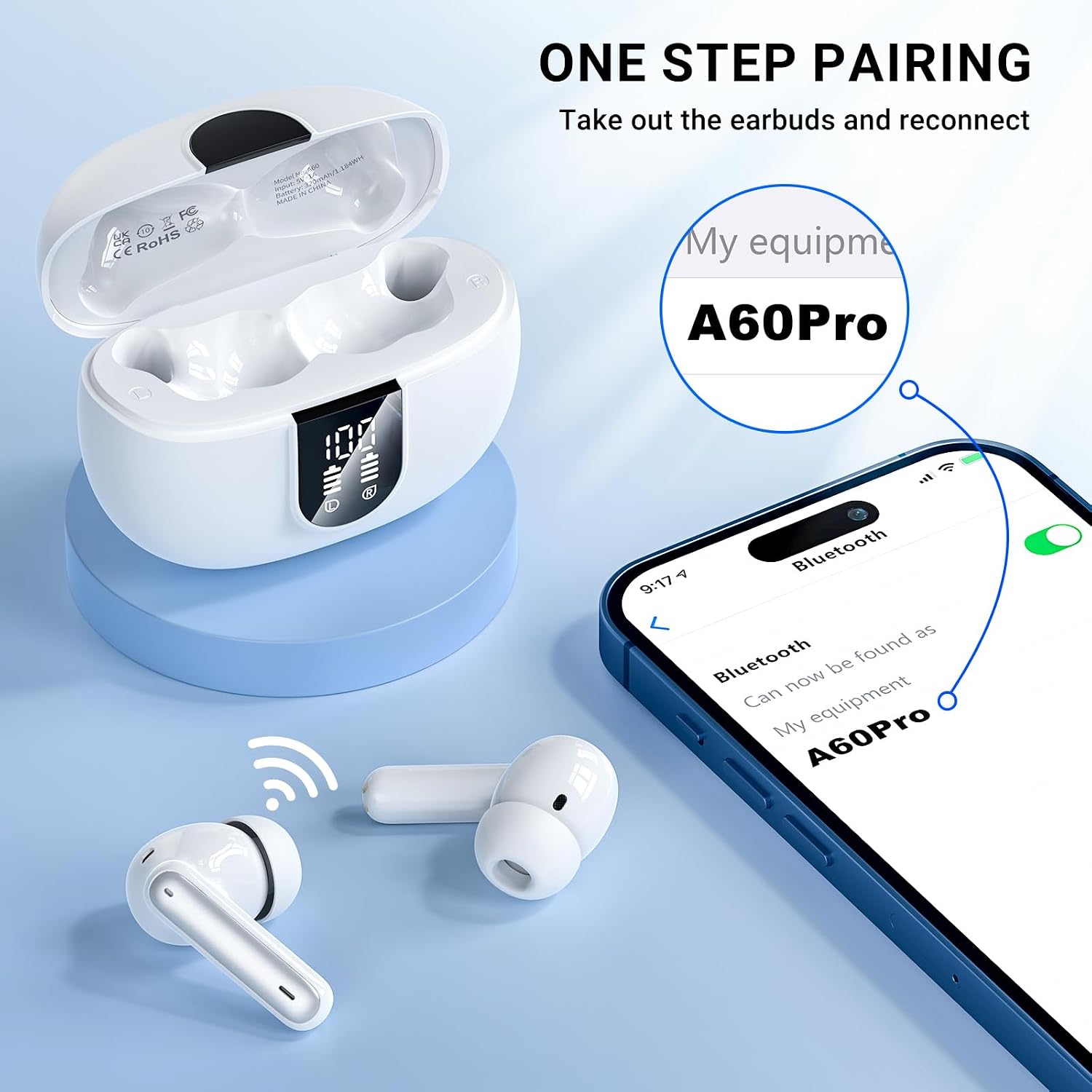Thumbnail 3 de Aovoce A60PRO Wireless Earbuds (Bluetooth 5.3) with LED display, 4-mic ENC calls and touch controls