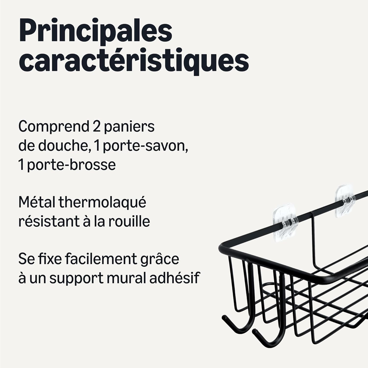 Detalle 2 de Amazon Basics Étagère de douche adhésive en acier inoxydable, 5 pièces, Noir