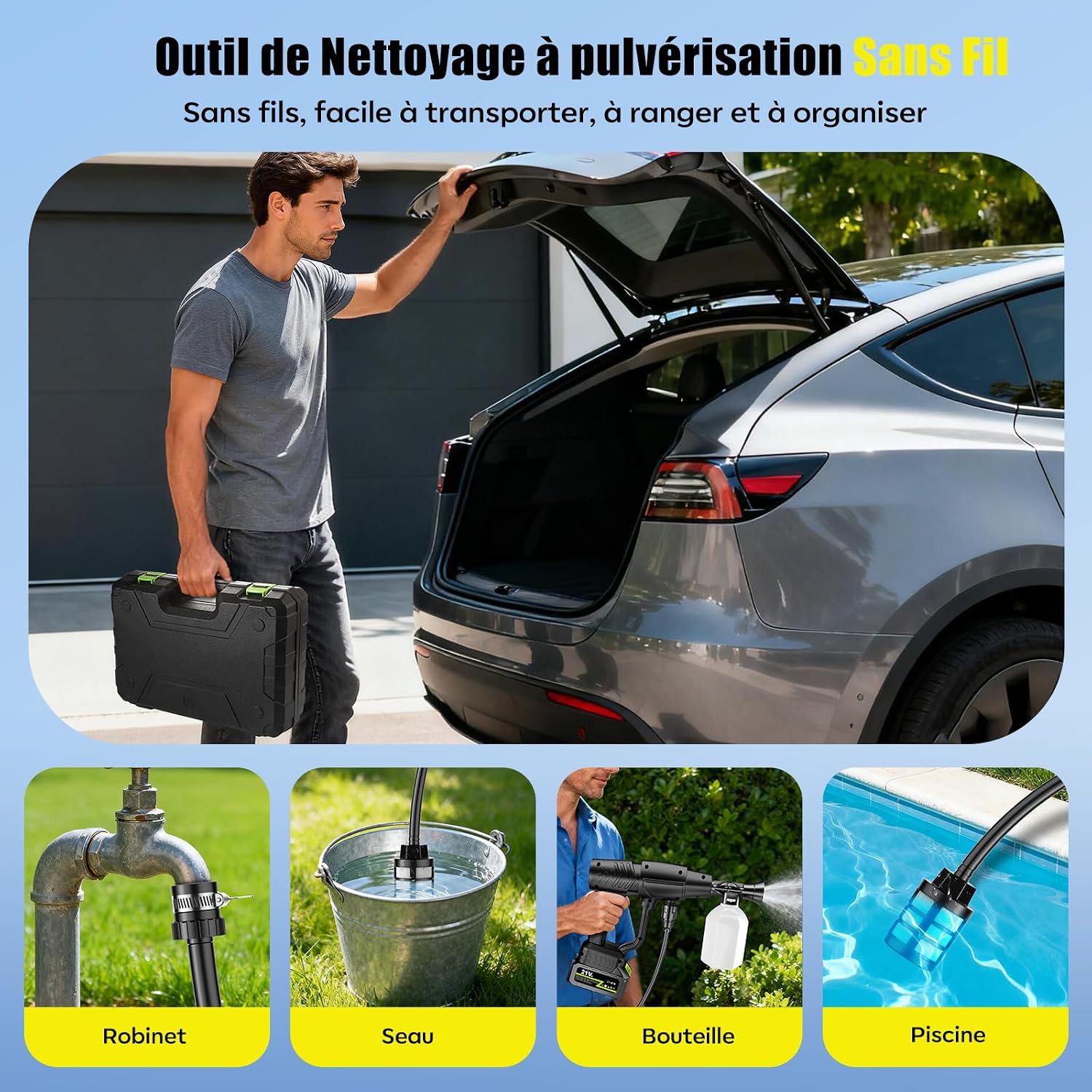 Detalle de YKYI Nettoyeur Haute Pression sans Fil 1200 PSI – 4,0 Ah, 7 m, 6-en-1, portable pour voiture et extérieur