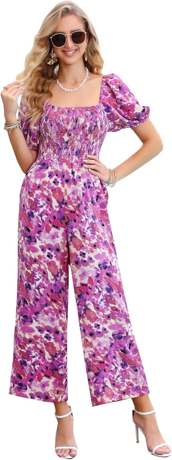 Detalle de Love Welove Floral Smocked Jumpsuit for Women – Dressy Casual Wide Leg One Piece