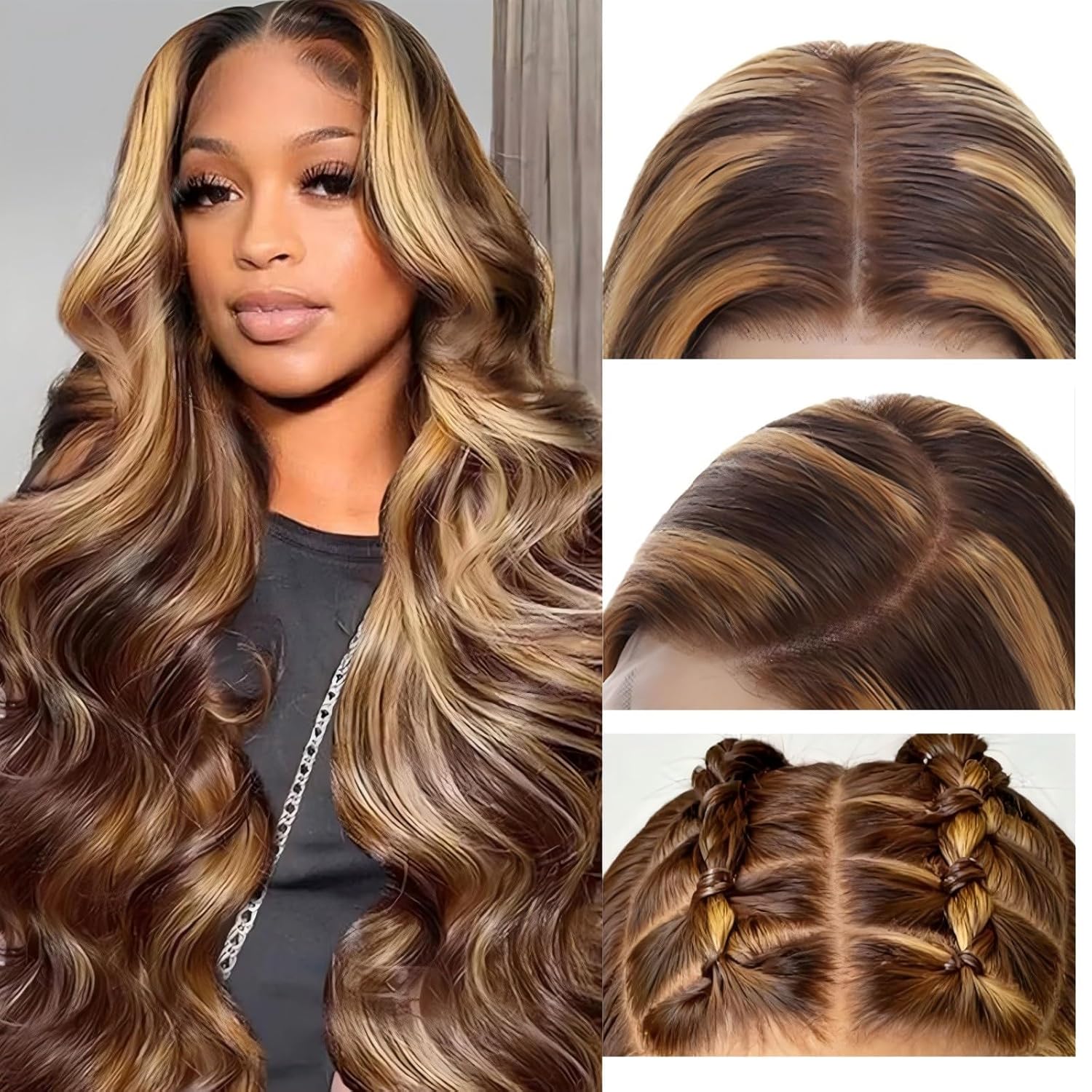 Detalle de QZOQZO Ombre Lace Front Wig Human Hair 13x6 – 28in, 4/27 Highlight, Body Wave, 180% Density