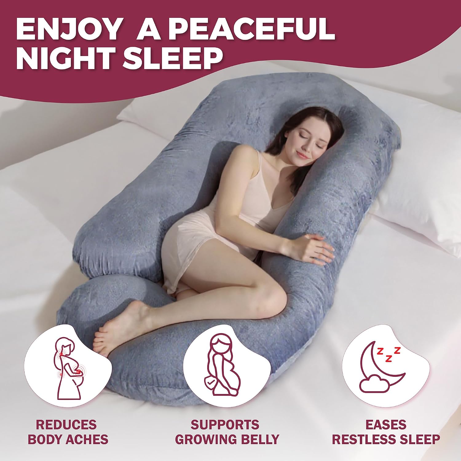 Detalle 2 de PILLANI 57-Inch U+V+C Shaped Pregnancy Pillow with Removable Washable Cover