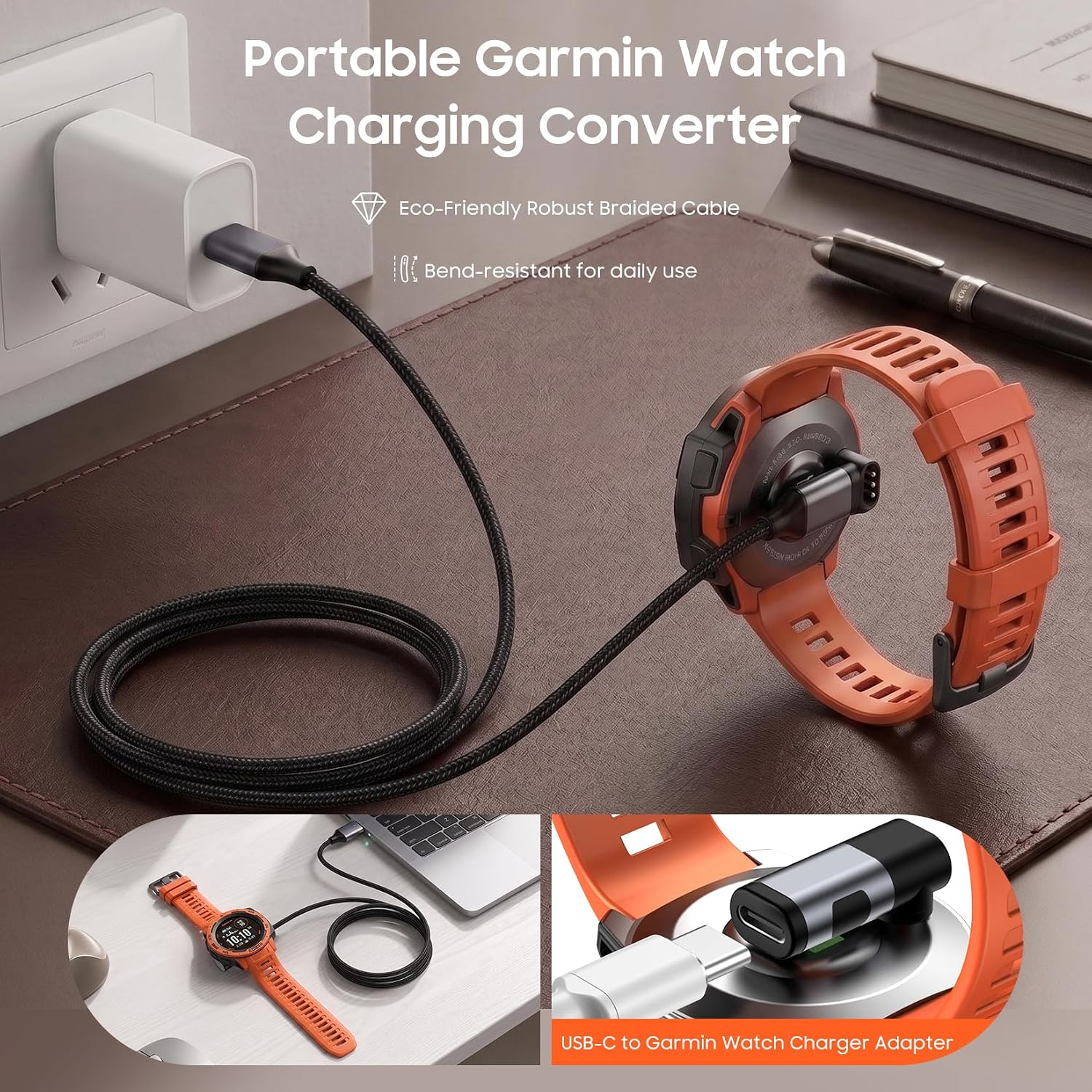 Detalle de xiwxi Garmin Watch Charger Cable with USB-C Adapter, 3.95 ft, L-Shaped, Gray
