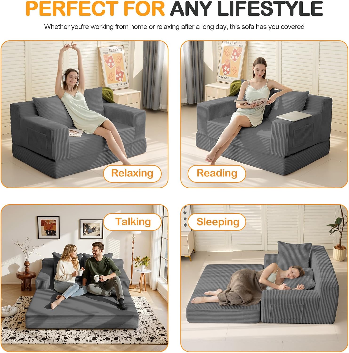 Thumbnail 4 de Erament Convertible Sofa Bed Loveseat, Gray Corduroy, Folding Memory Foam