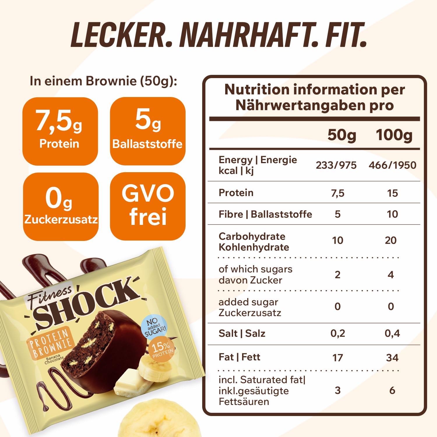 Detalle de FitnesSHOCK Protein Brownie Snack Banane – 10 x 50 g, Low Carb, mit 15% Eiweiß