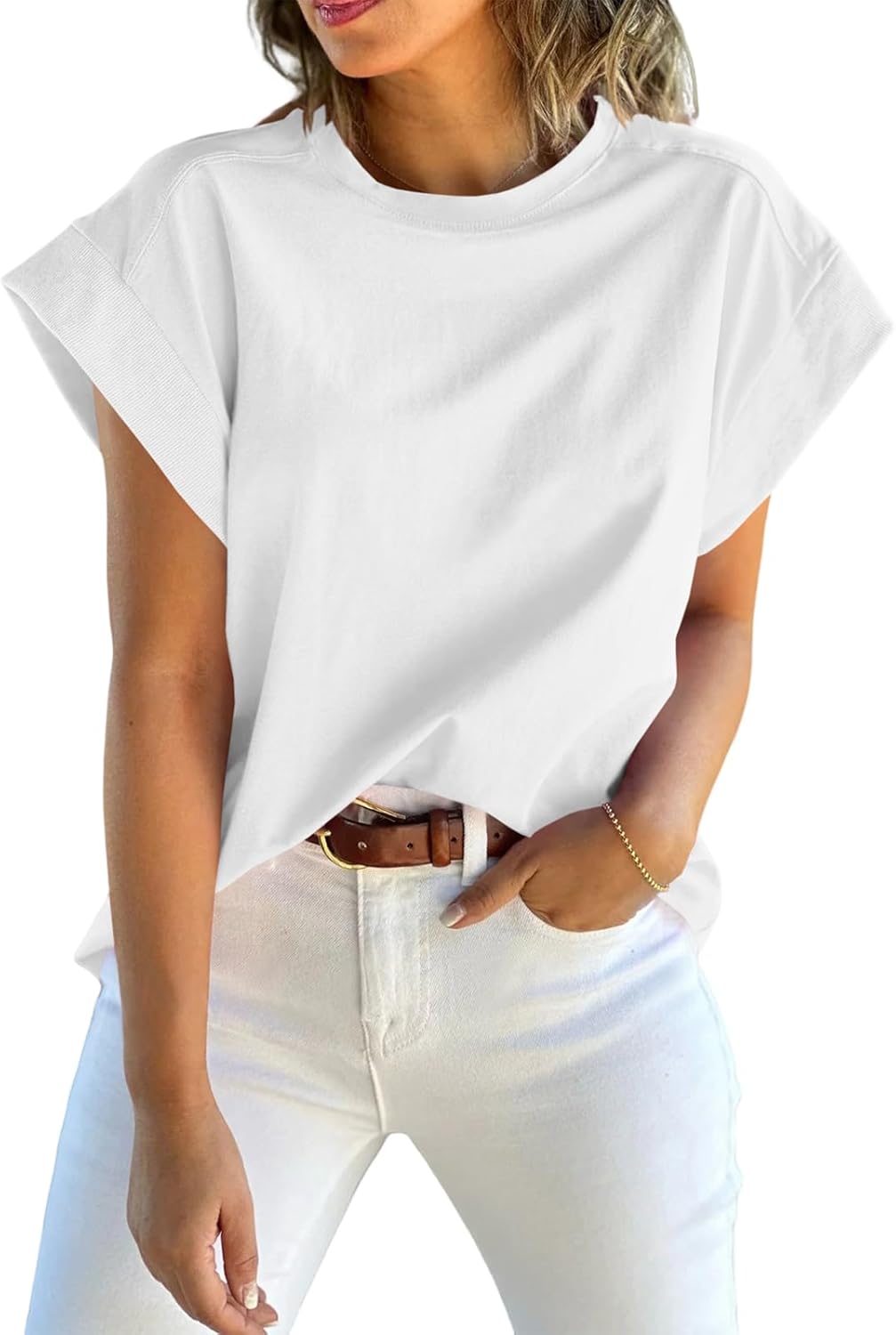 Detalle de Tankaneo Women’s Cap Sleeve Tank Top, Crew Neck Solid Loose Fit Basic Tee