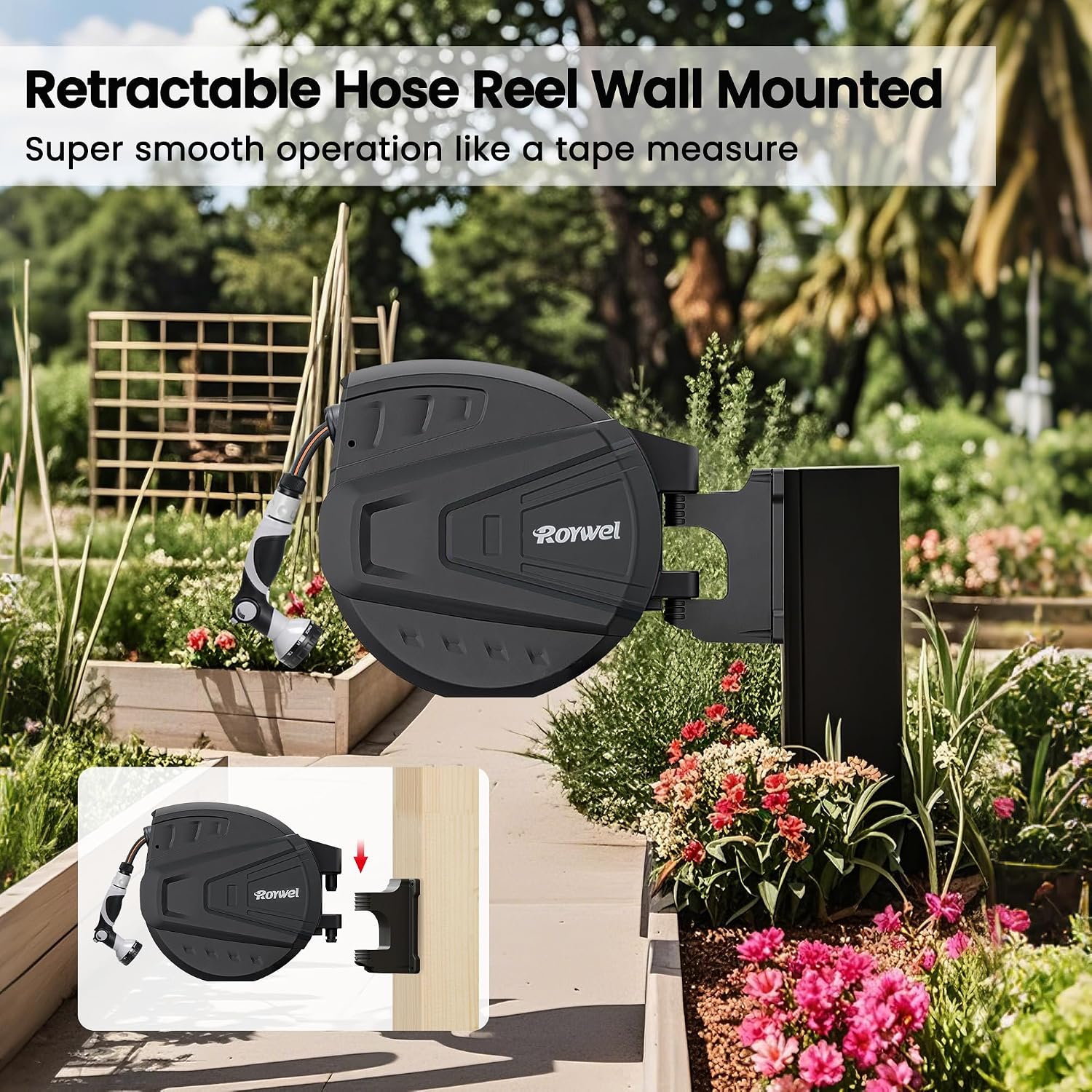 Thumbnail 2 de Roywel Auto Reel Garden Hose 40M: Wall‑Mounted Auto Rewind with 180° Pivot