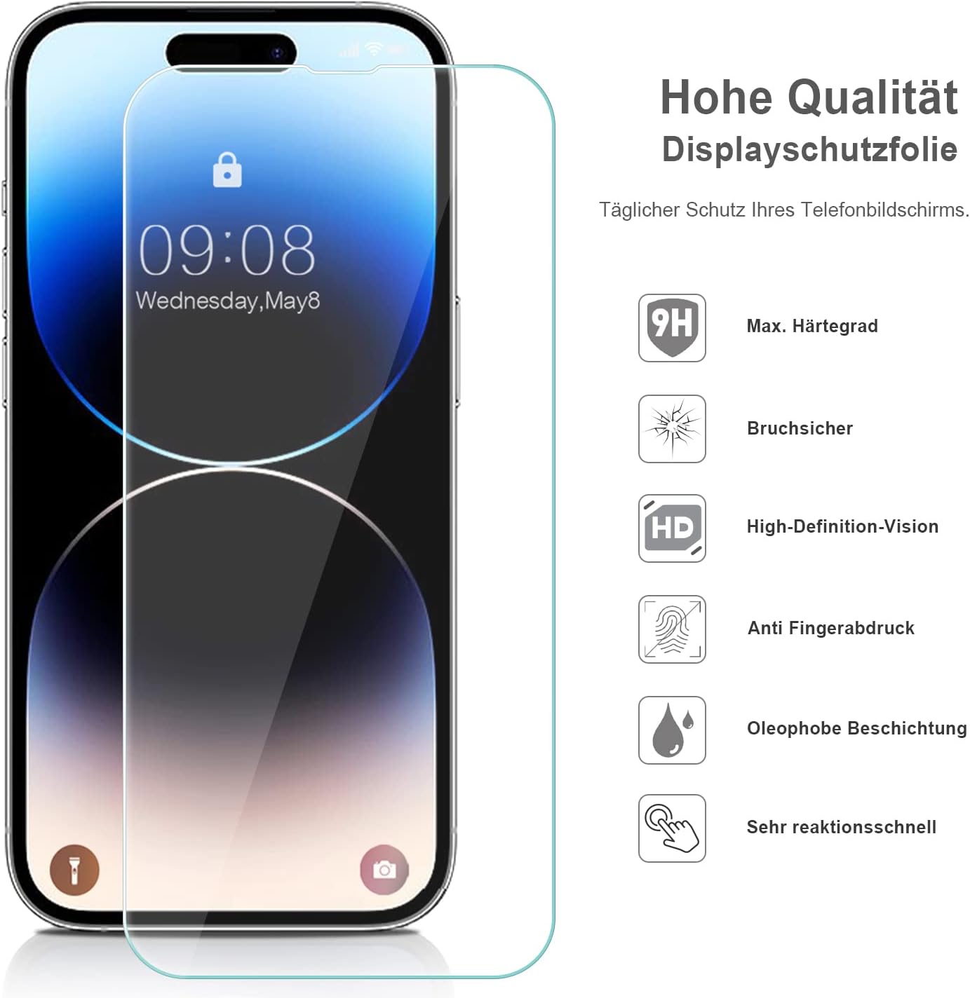 Detalle 2 de Ecenone Displayschutzfolie für iPhone 14 Pro (6,1 Zoll) – 3er-Set, 9H Härte, kratzfest, blasenfrei