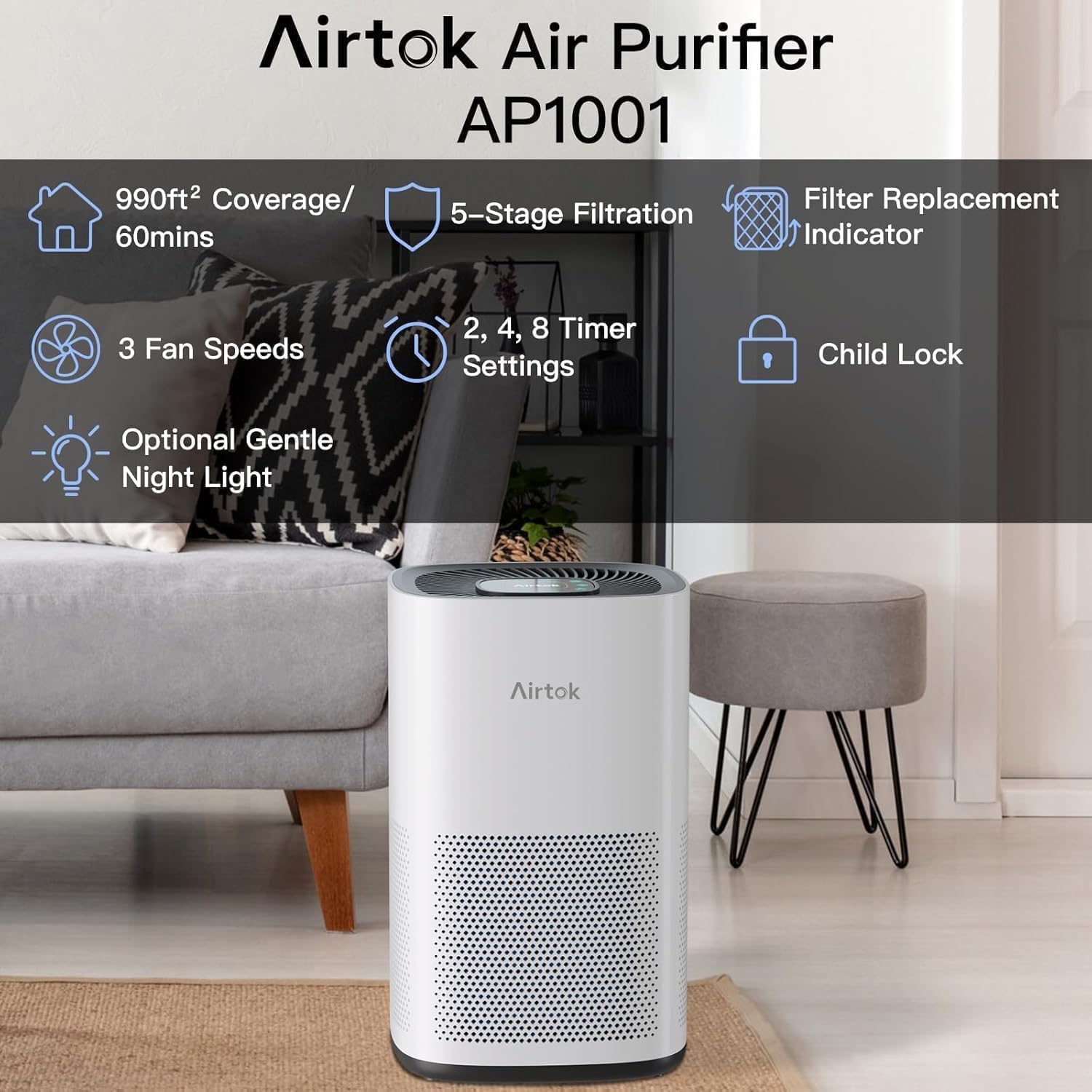 Thumbnail 4 de AIRTOK AP1001 Air Purifier for Home Pets (Bedroom) — H13 HEPA, Sleep Mode, up to 1190 sq ft