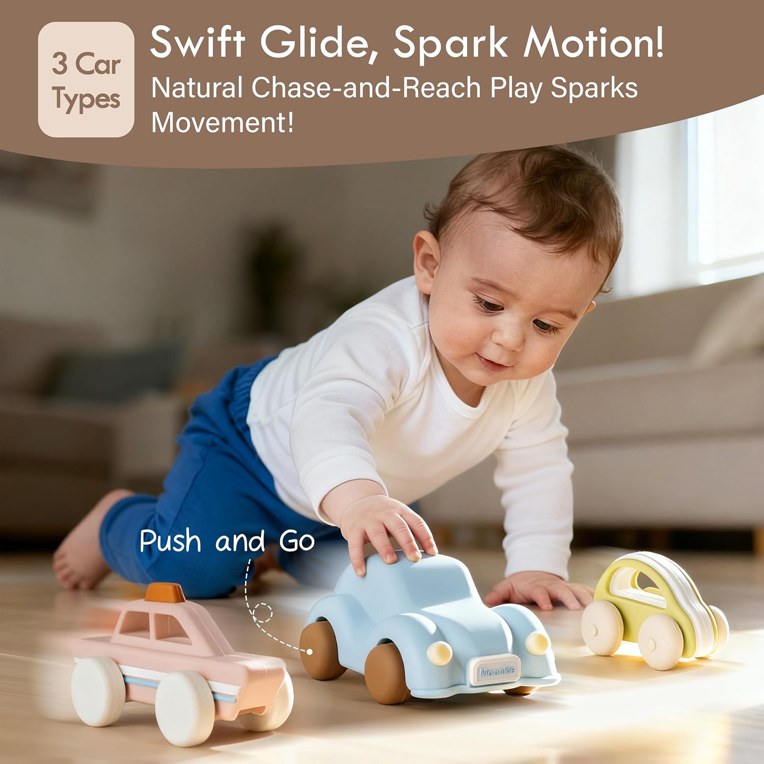 Detalle de Moonkie Roll & Go Toy Cars Set (3 pcs) – BPA-free silicone soft play vehicles for 6 months+