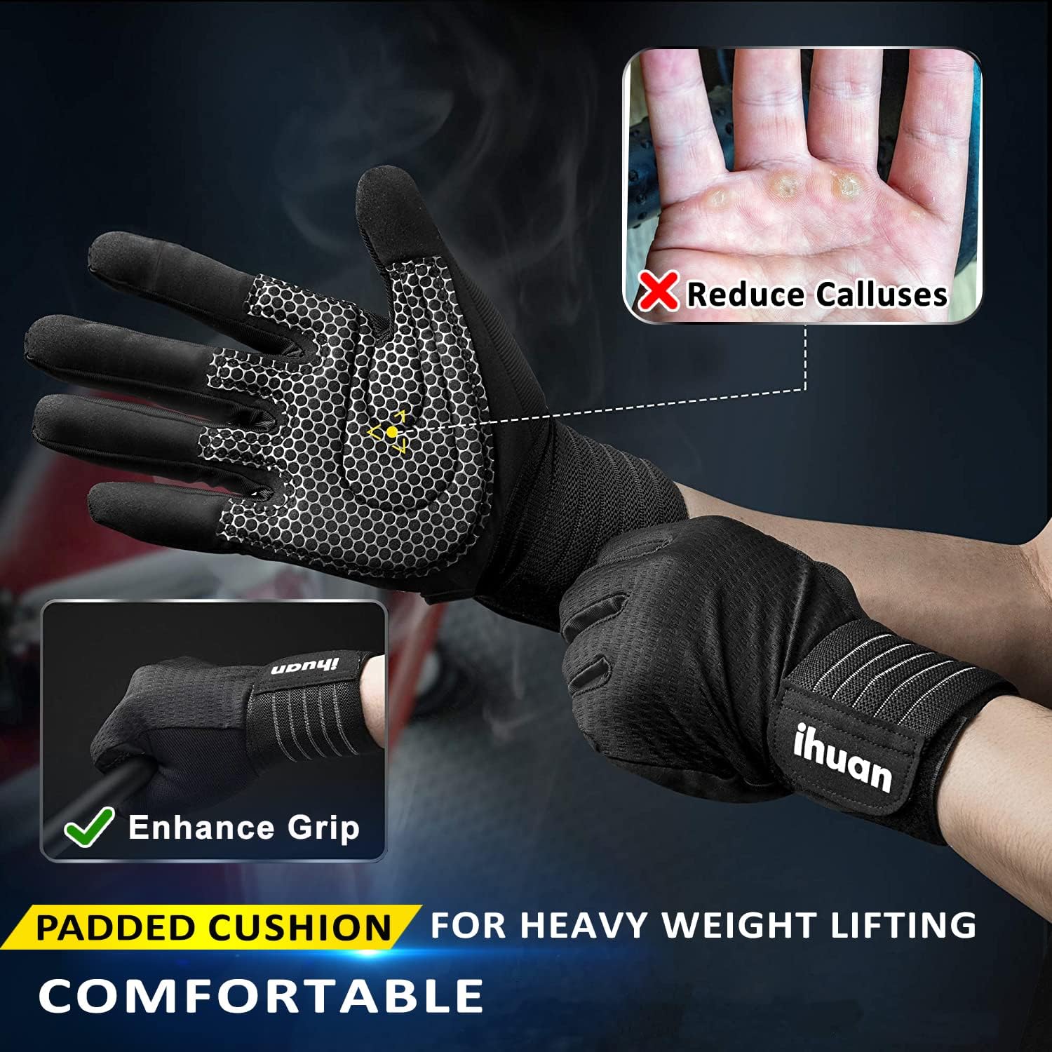 Detalle 2 de ihuan full finger workout gloves xl Full-Finger Weightlifting Gloves with Wrist Wraps