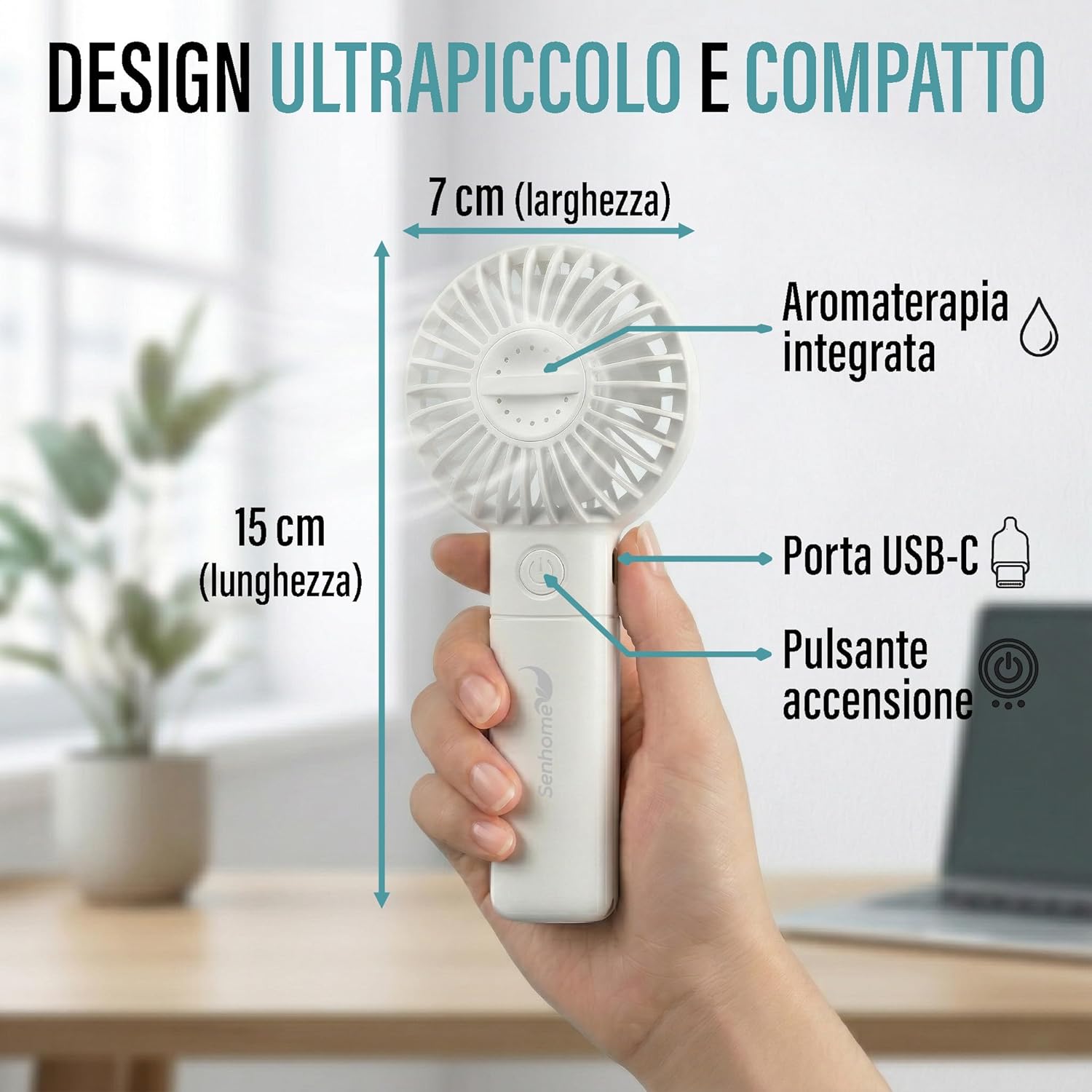 Detalle 2 de Senhome Ventilatore Portatile Ricaricabile con Vano Aromaterapia e Cartuccia in Cotone
