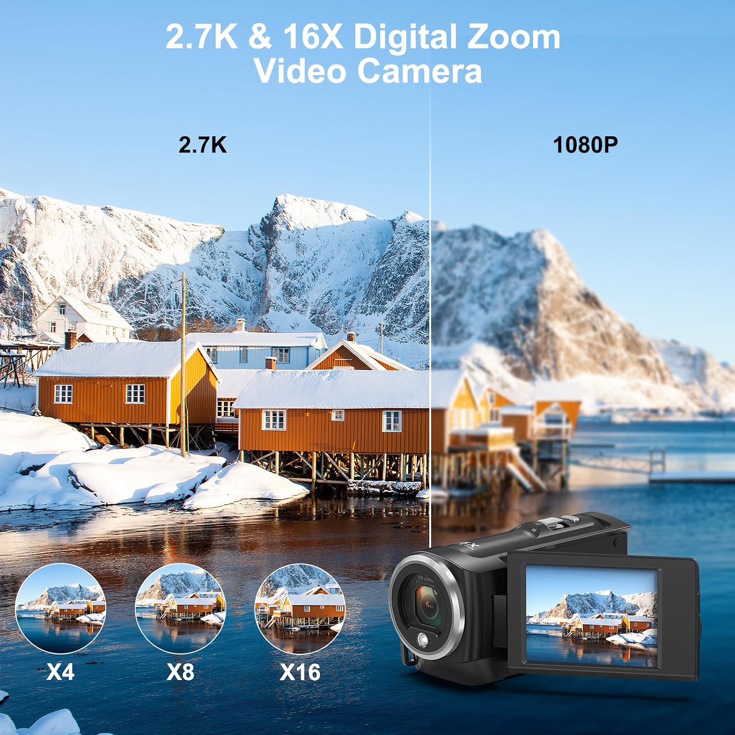 Detalle 2 de Videokamera 2.7K 56MP Camcorder mit LED-Fülllicht und 16X Digitalzoom – ideal fürs Vloggen