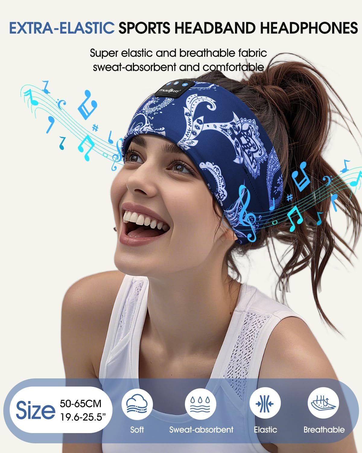 Detalle de MUSICOZY Schlafkopfhörer Bluetooth 5.4 – 4-in-1 Stirnband-Kopfhörer für Schlaf, Sport und unterwegs